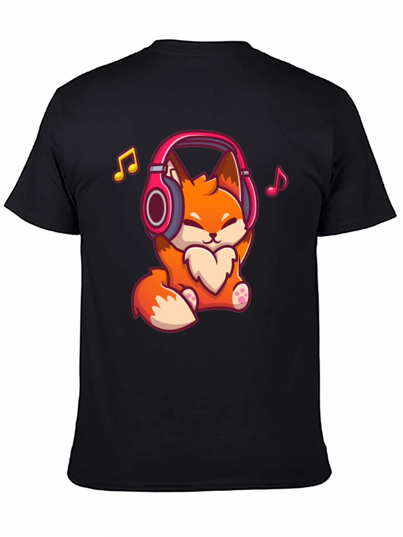 Cute Fox with Headphones Black T-Shirt