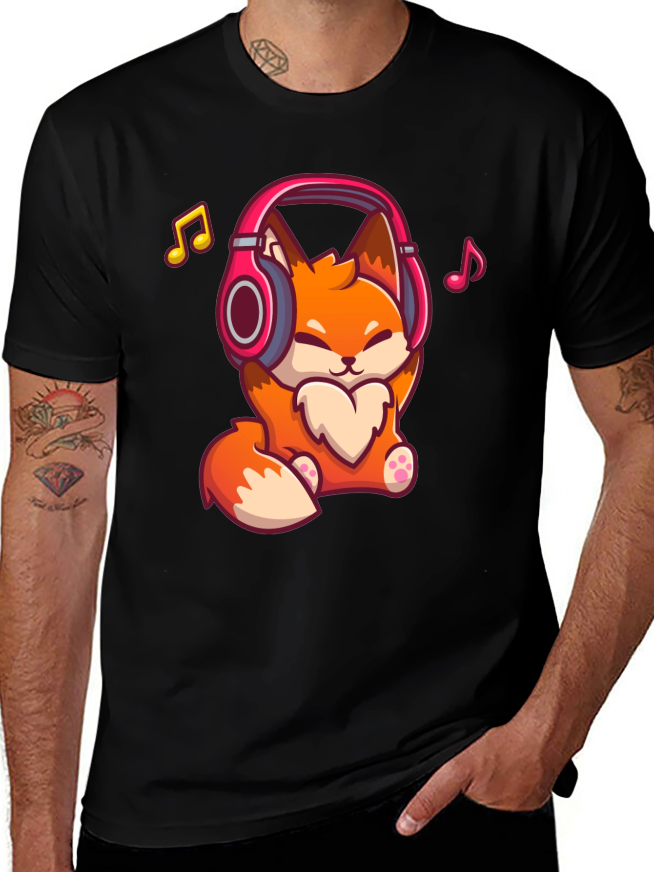 Cute Fox with Headphones Black T-Shirt