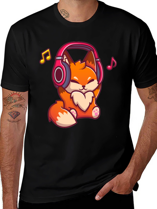 Cute Fox with Headphones Black T-Shirt