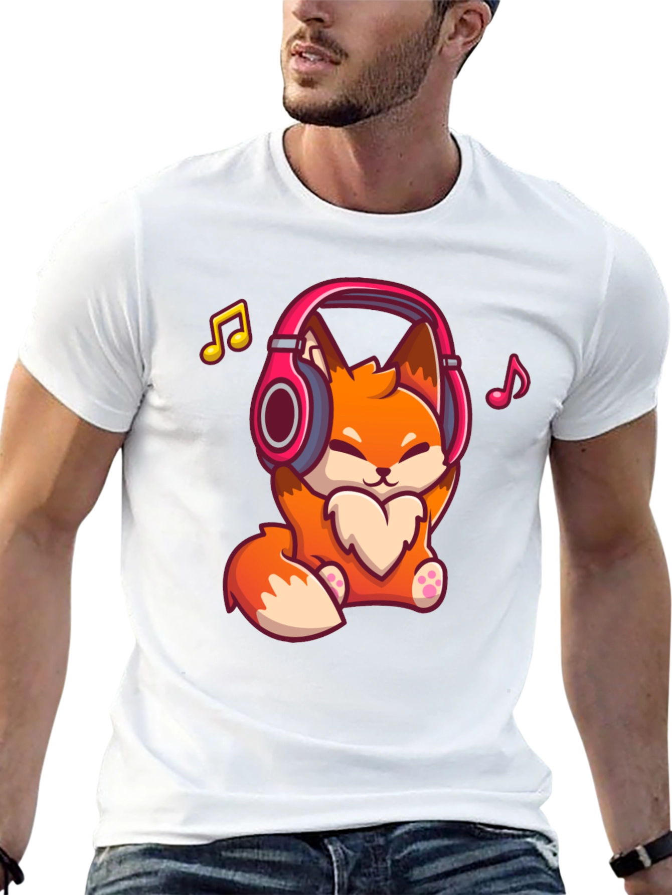Cute Fox with Headphones Black T-Shirt