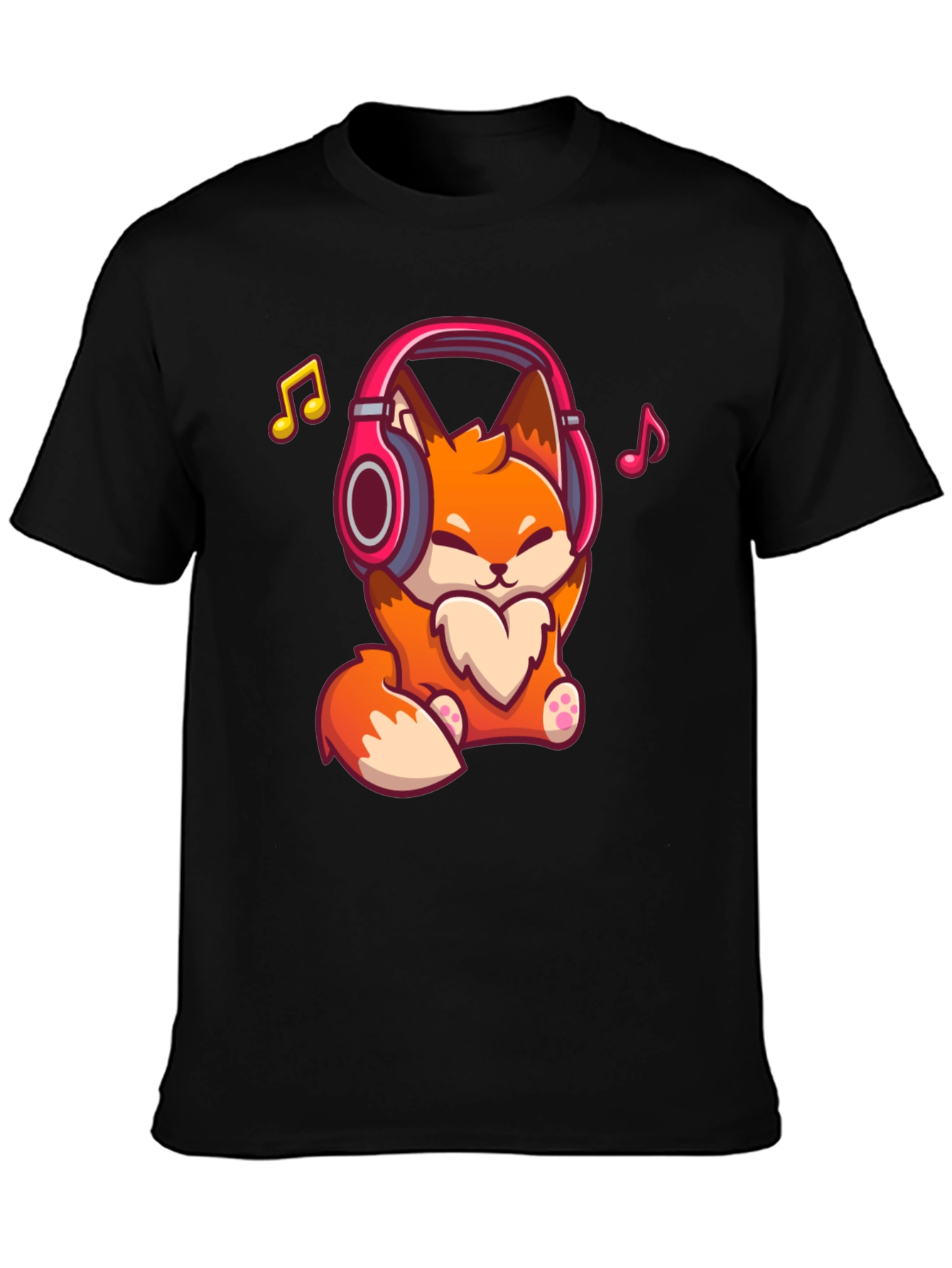 Cute Fox with Headphones Black T-Shirt