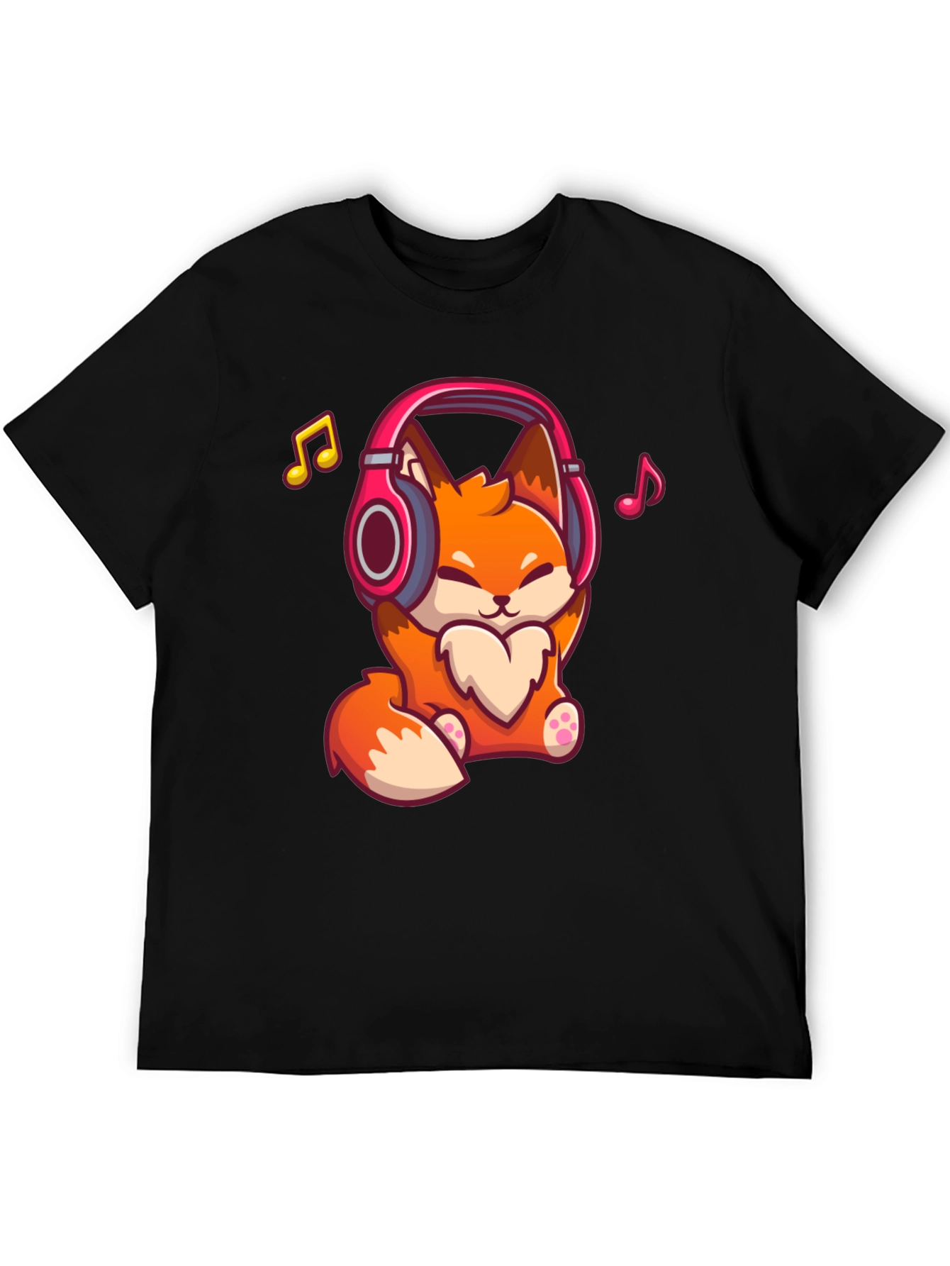 Cute Fox with Headphones Black T-Shirt