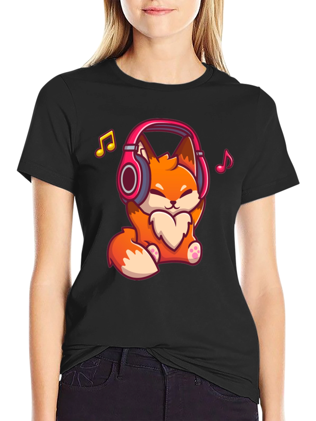 Cute Fox with Headphones Black T-Shirt