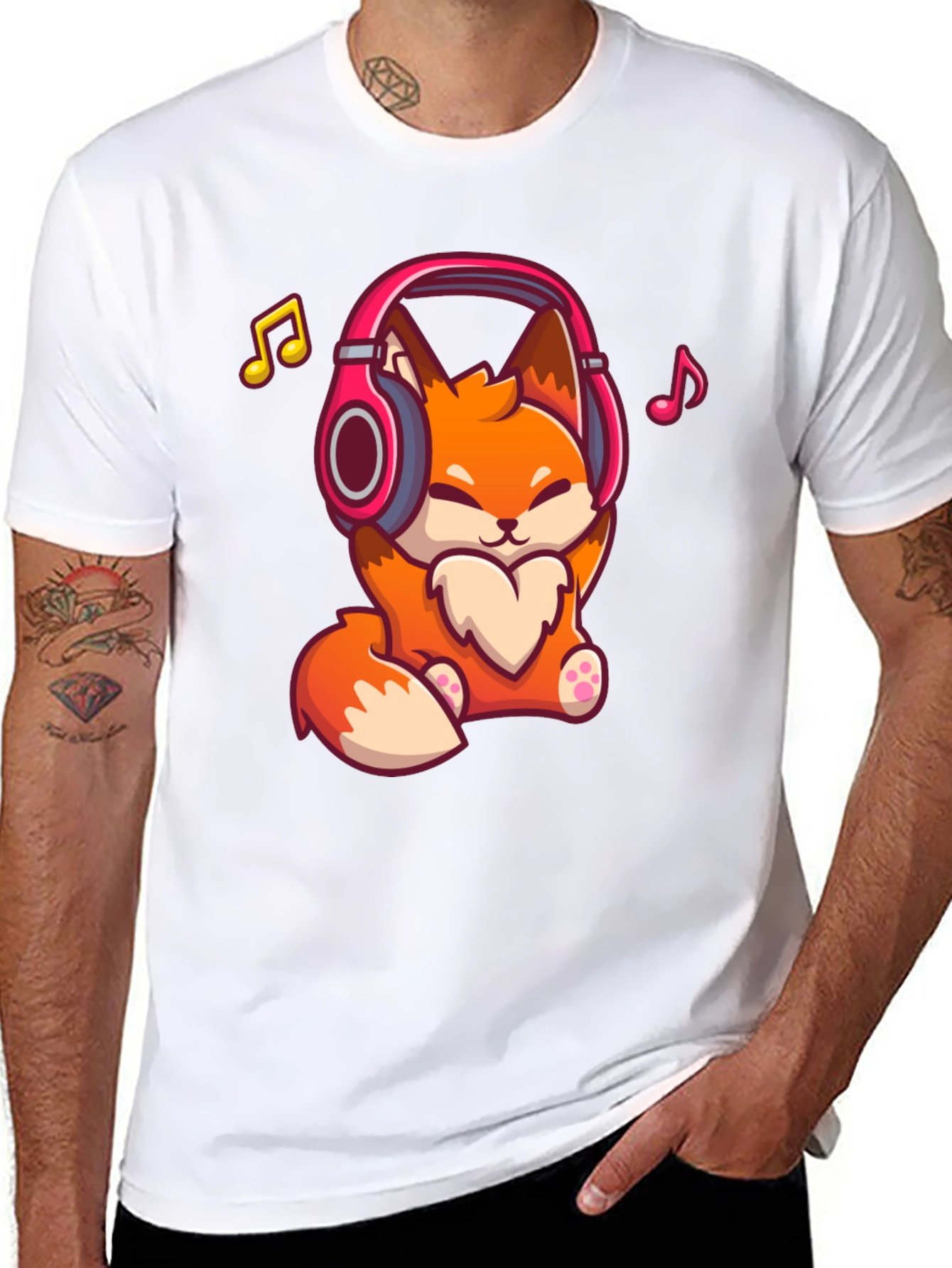 Cute Fox with Headphones Black T-Shirt