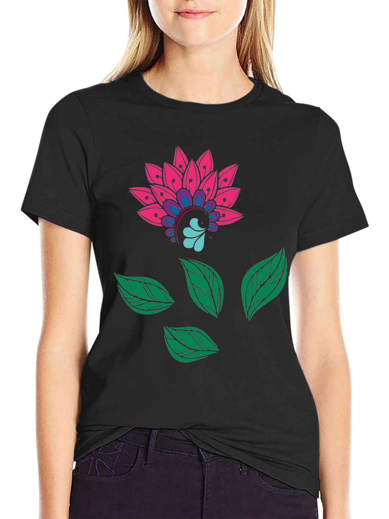 Floral Mandala Print Black Tee