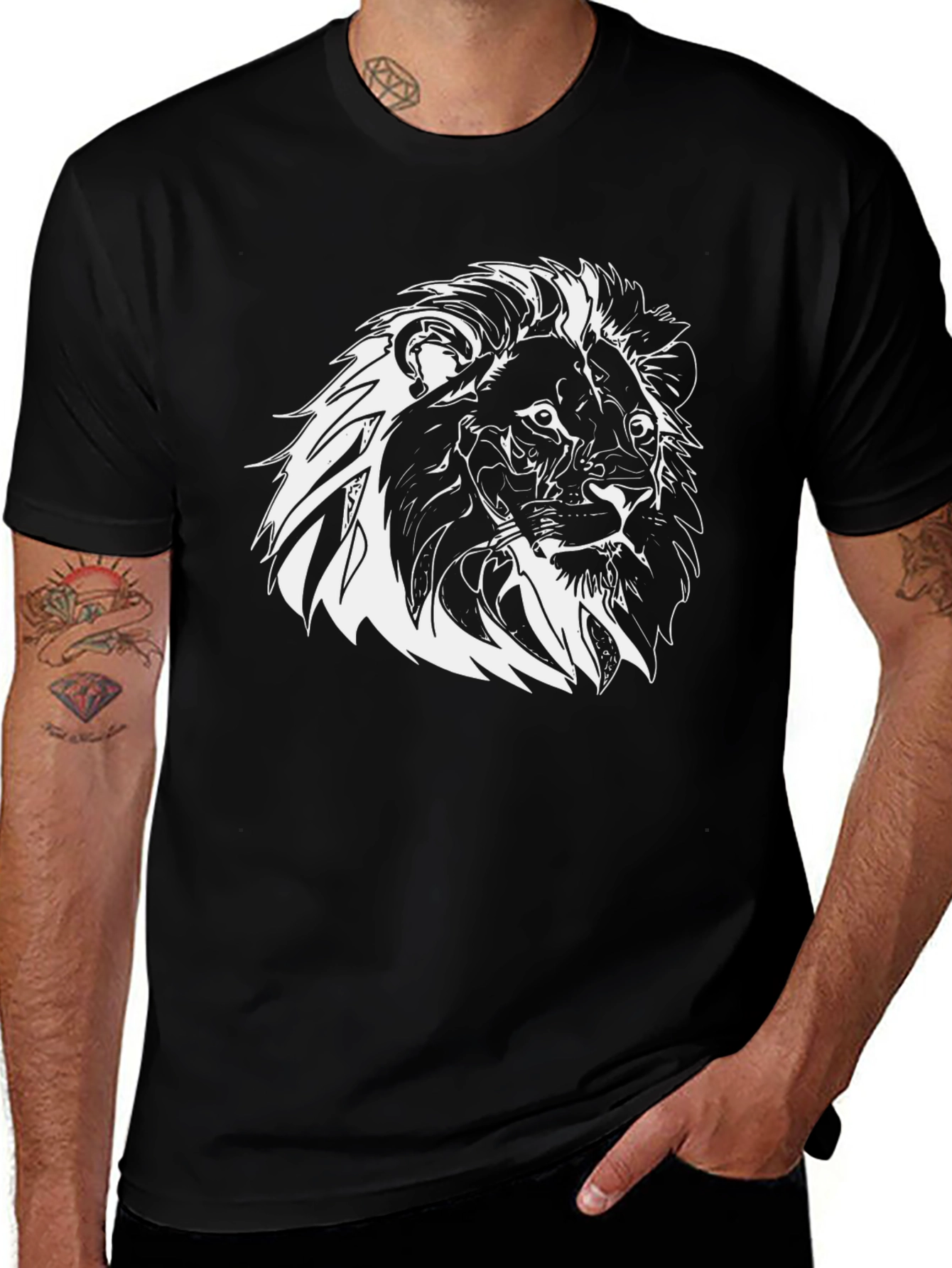 Lion Graphic Print Tee - Black Short Sleeve