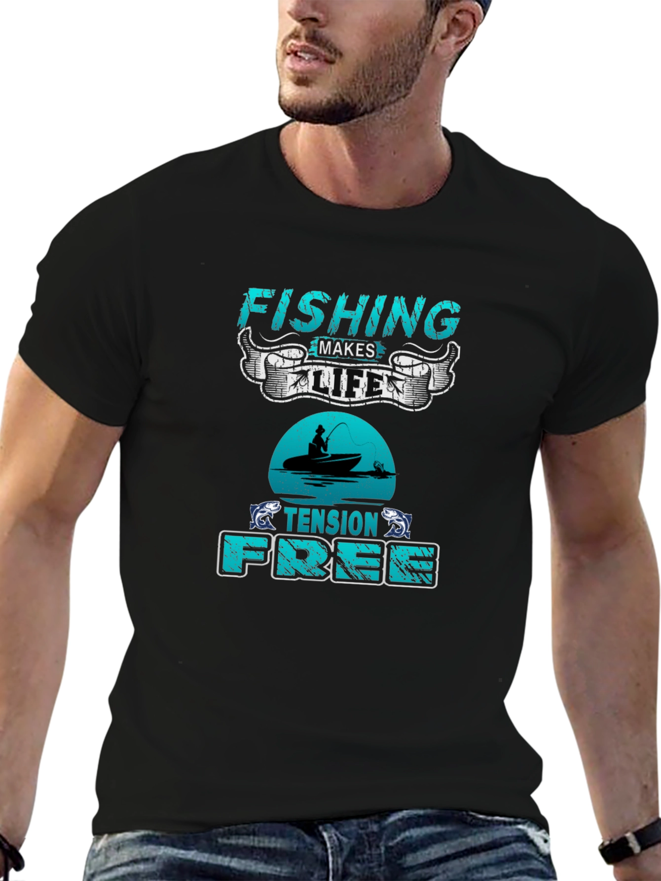 Fishing Makes Life Tension Free Black T-Shirt