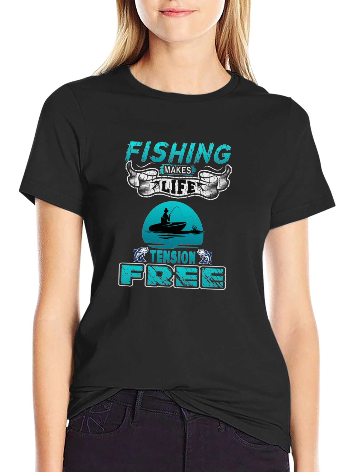 Fishing Makes Life Tension Free Black T-Shirt
