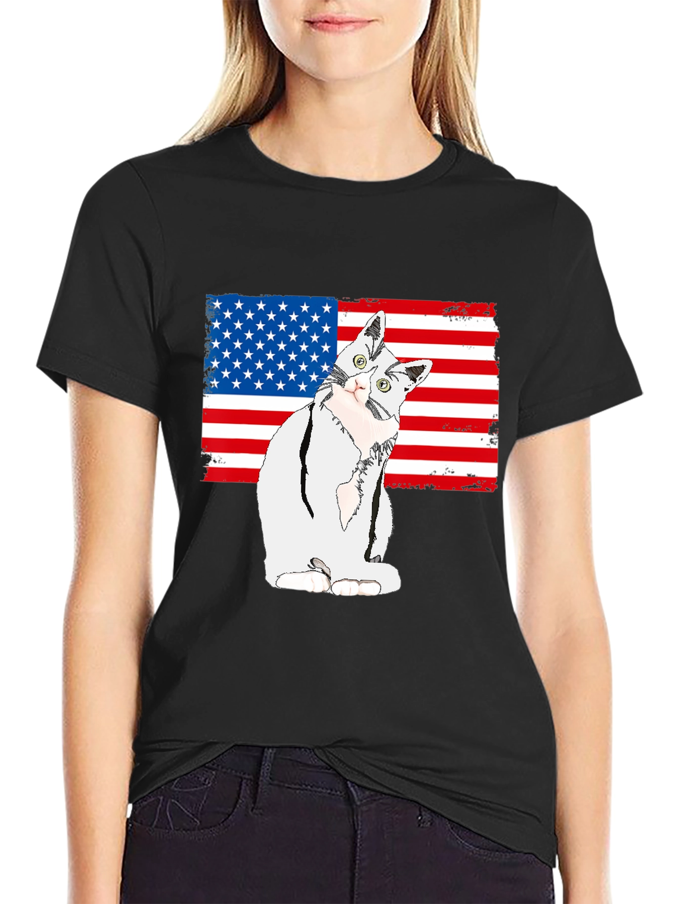 Patriotic Cat USA Flag Graphic T-Shirt