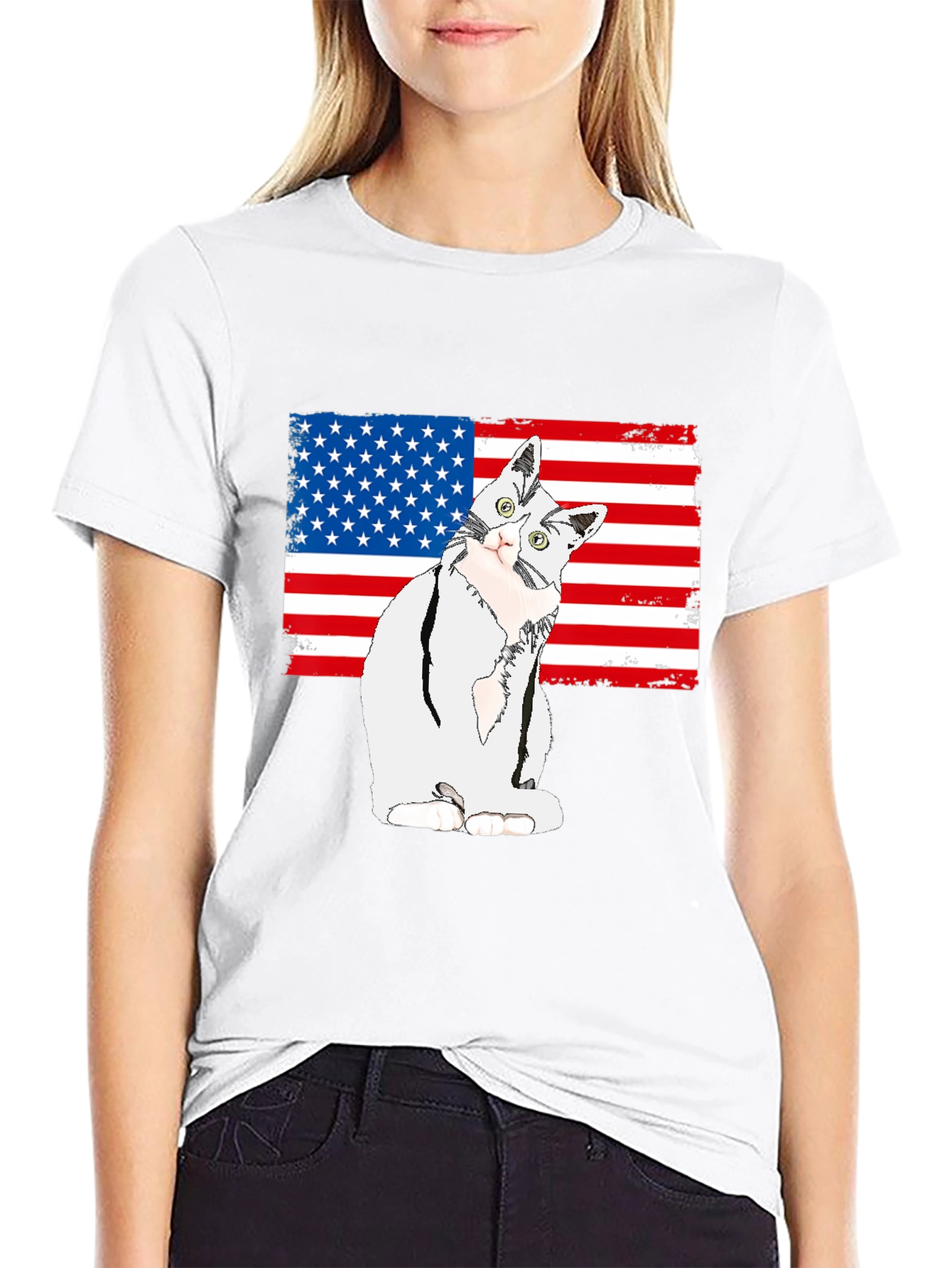Patriotic Cat USA Flag Graphic T-Shirt