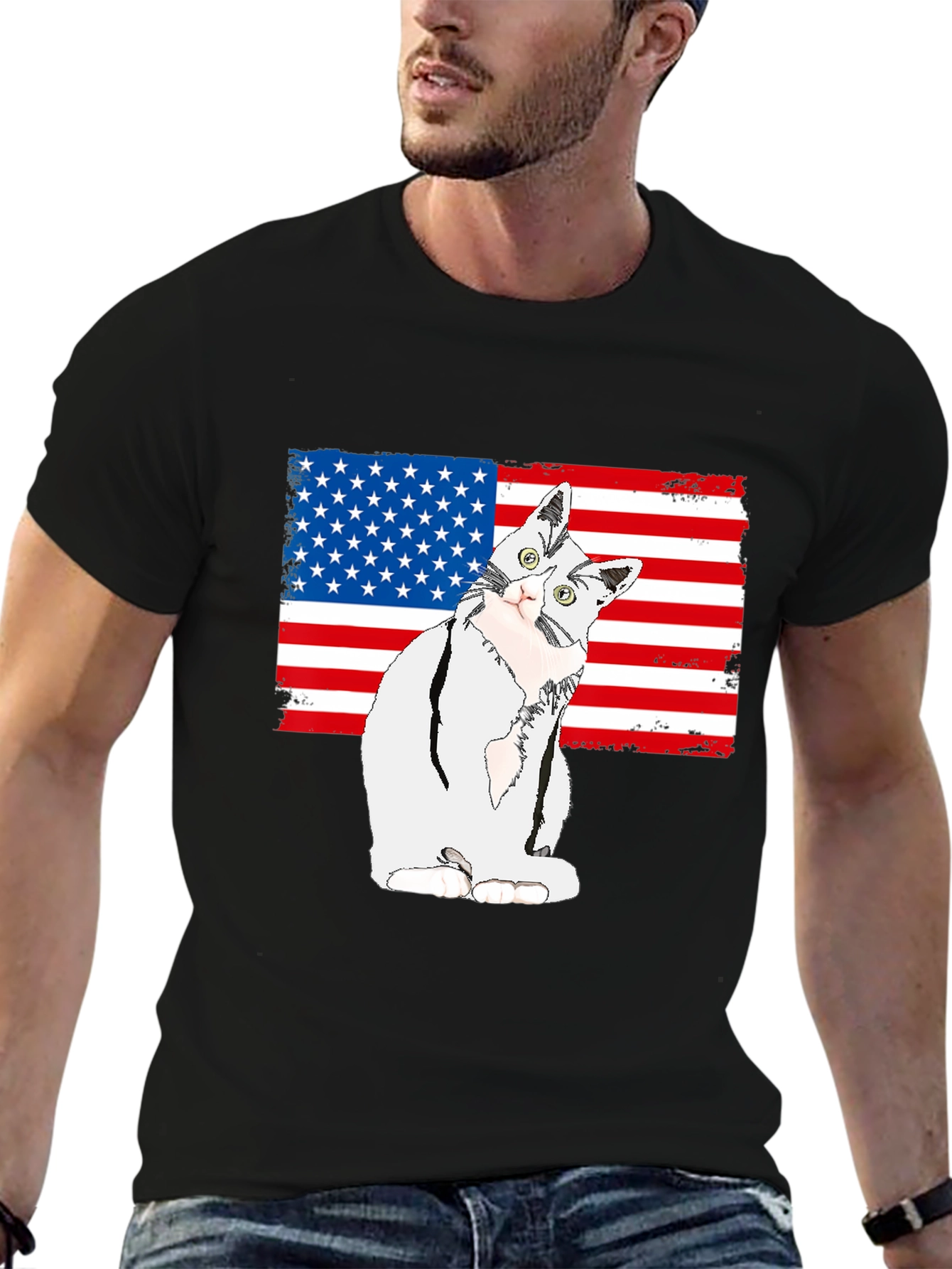 Patriotic Cat USA Flag Graphic T-Shirt