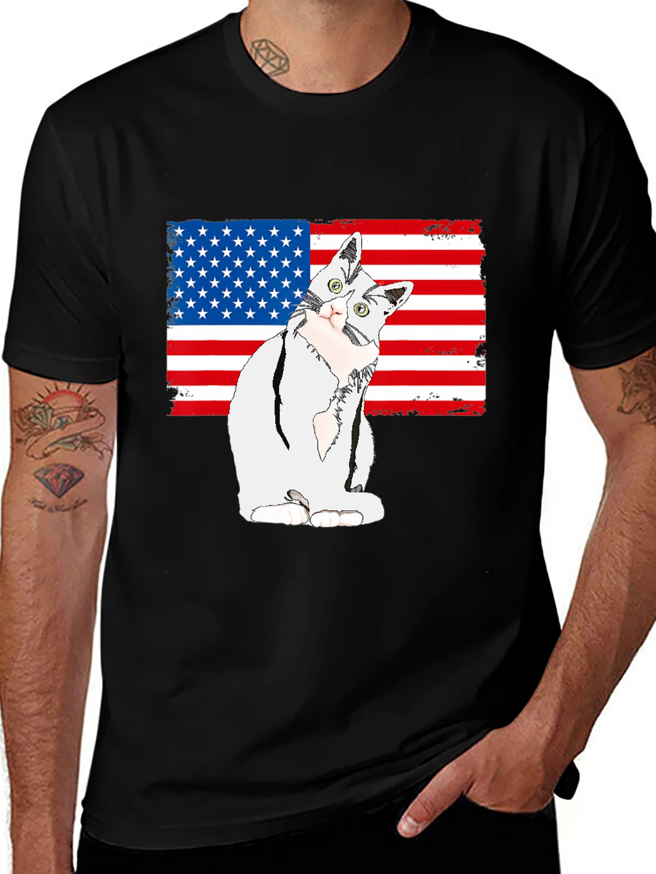 Patriotic Cat USA Flag Graphic T-Shirt