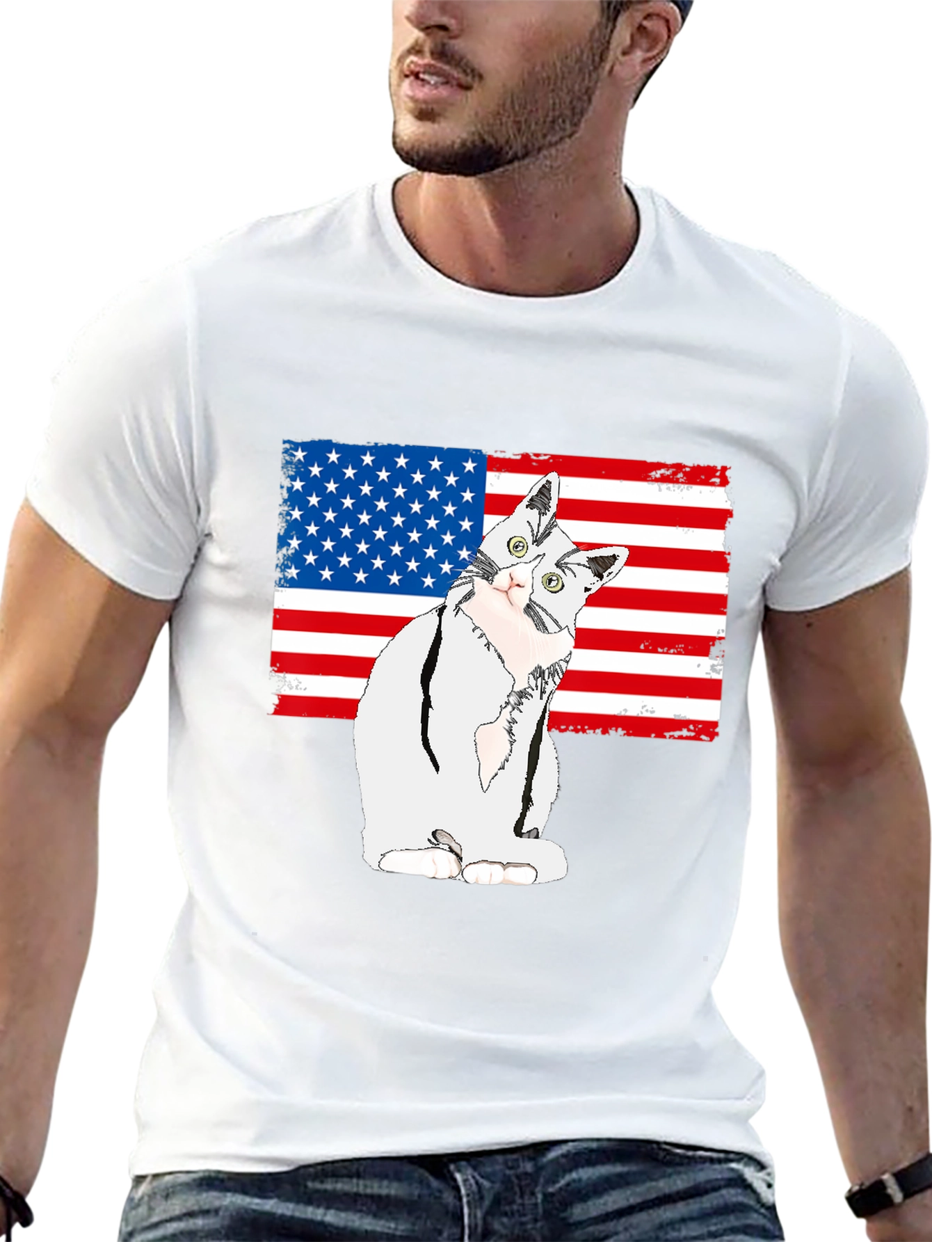 Patriotic Cat USA Flag Graphic T-Shirt