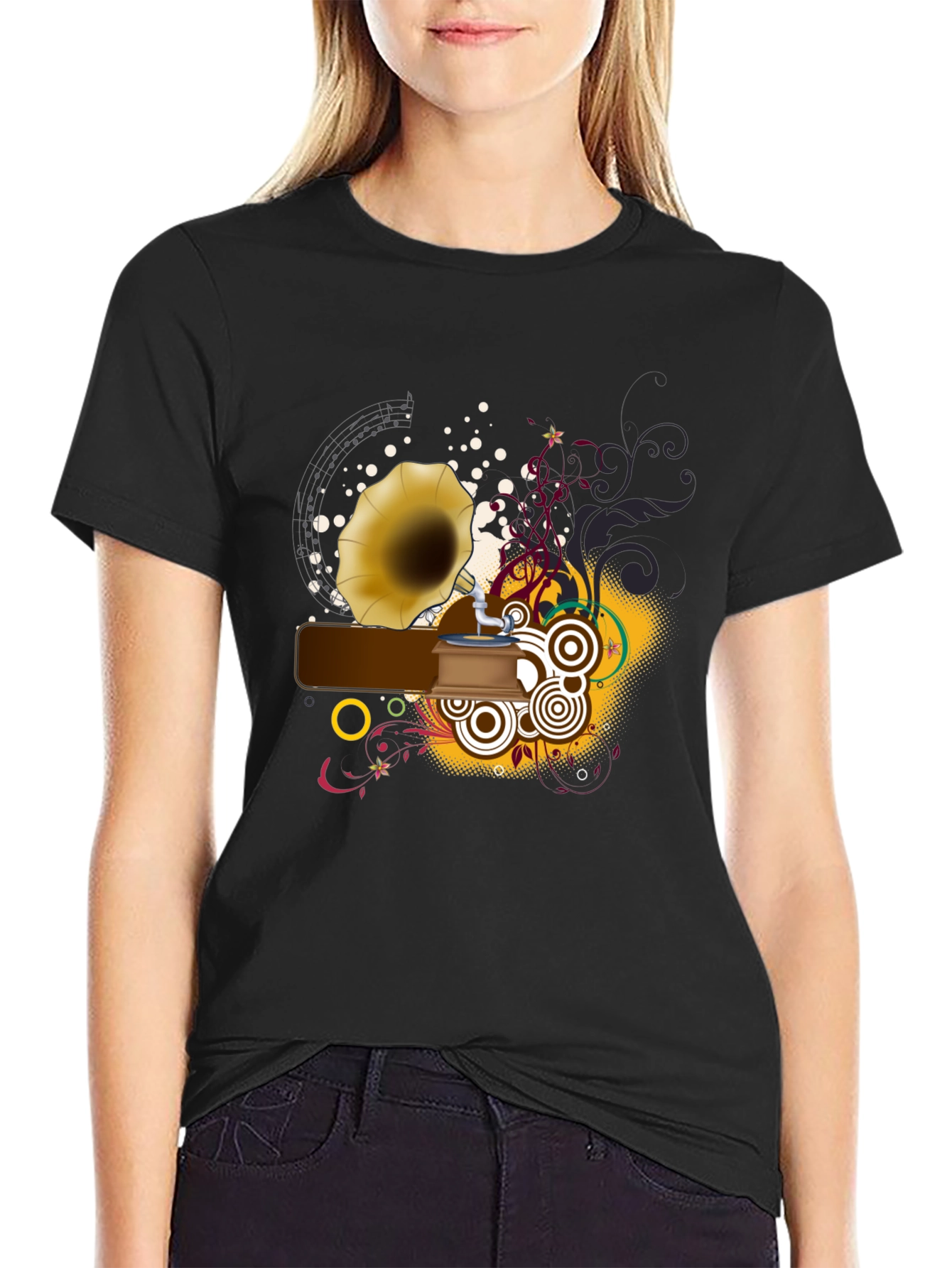 Retro Music Graphic Tee - Black Cotton Shirt