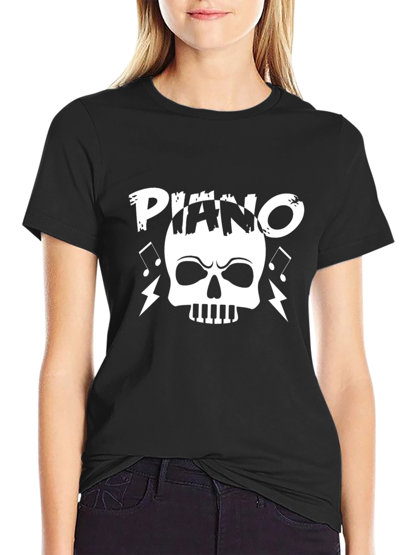 Piano Skull Graphic T-Shirt - Black Cotton Tee
