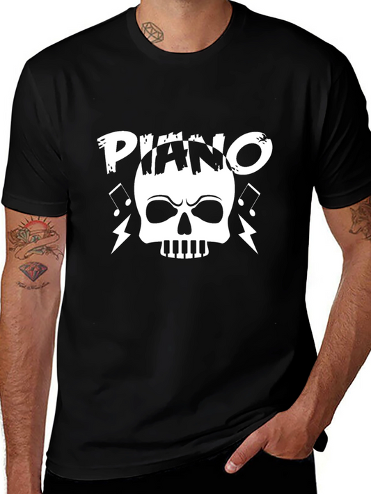 Piano Skull Graphic T-Shirt - Black Cotton Tee
