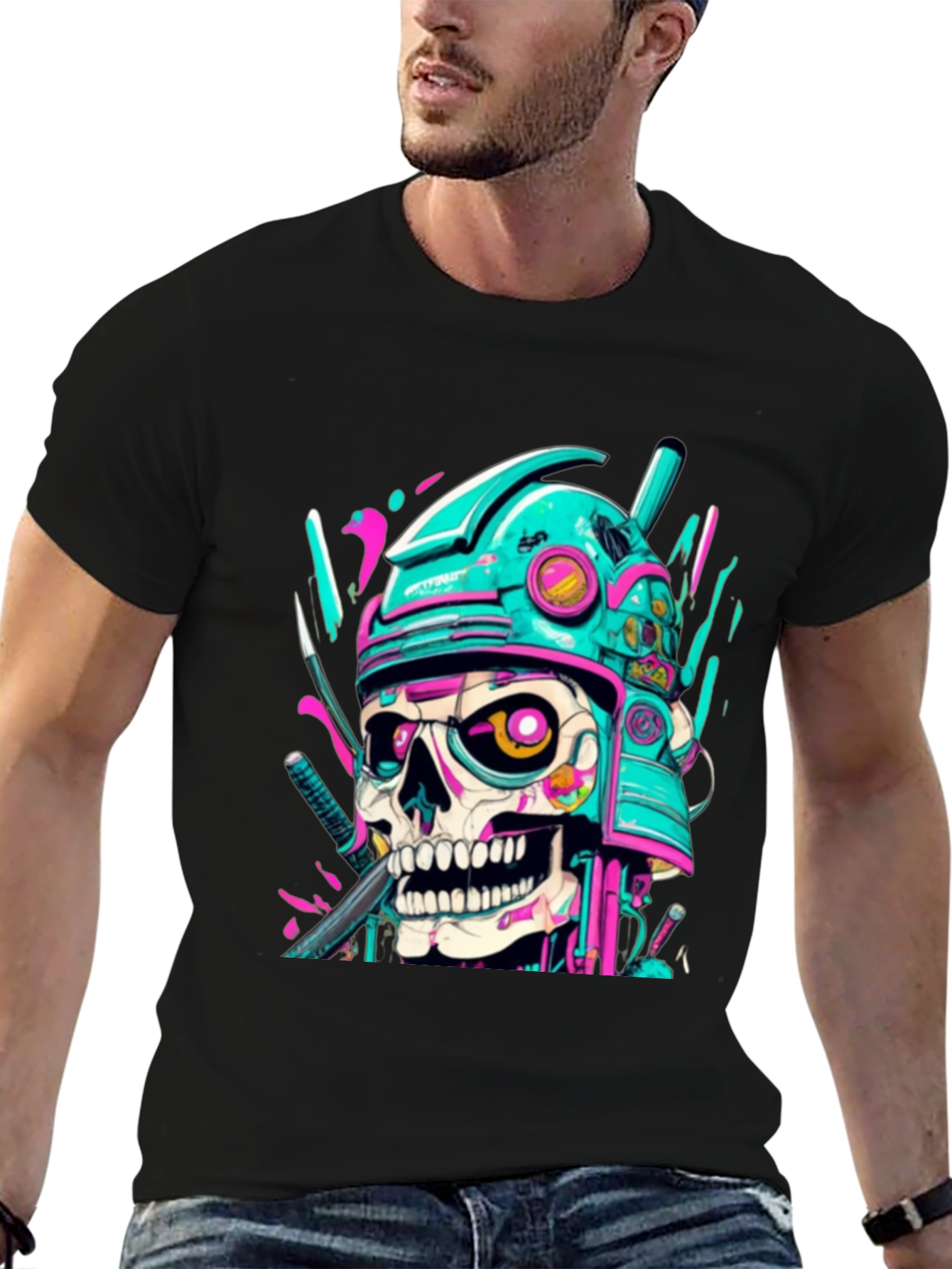 Cyberpunk Samurai Skull Graphic Tee - Edgy Fashion