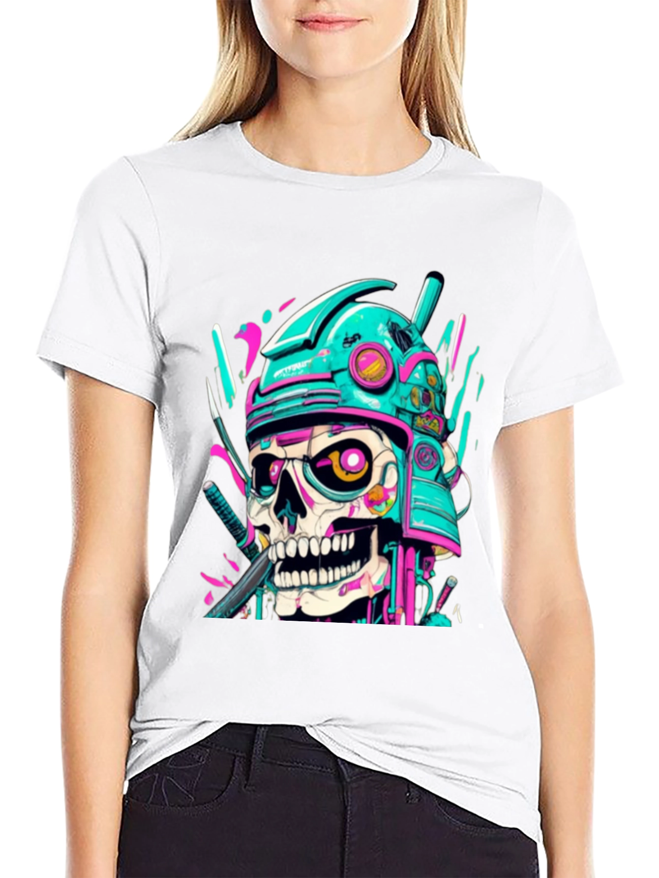 Cyberpunk Samurai Skull Graphic Tee - Edgy Fashion