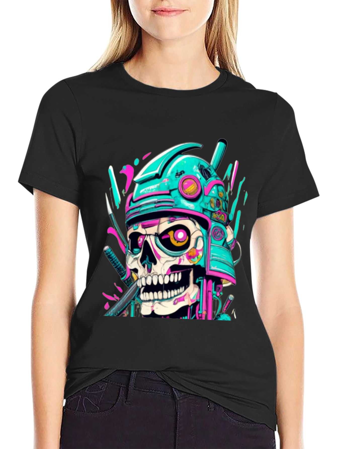 Cyberpunk Samurai Skull Graphic Tee - Edgy Fashion