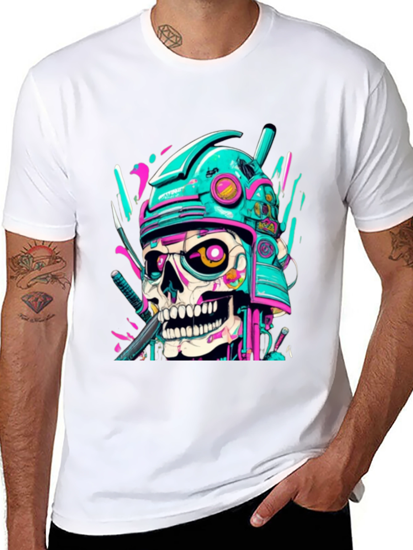 Cyberpunk Samurai Skull Graphic Tee - Edgy Fashion