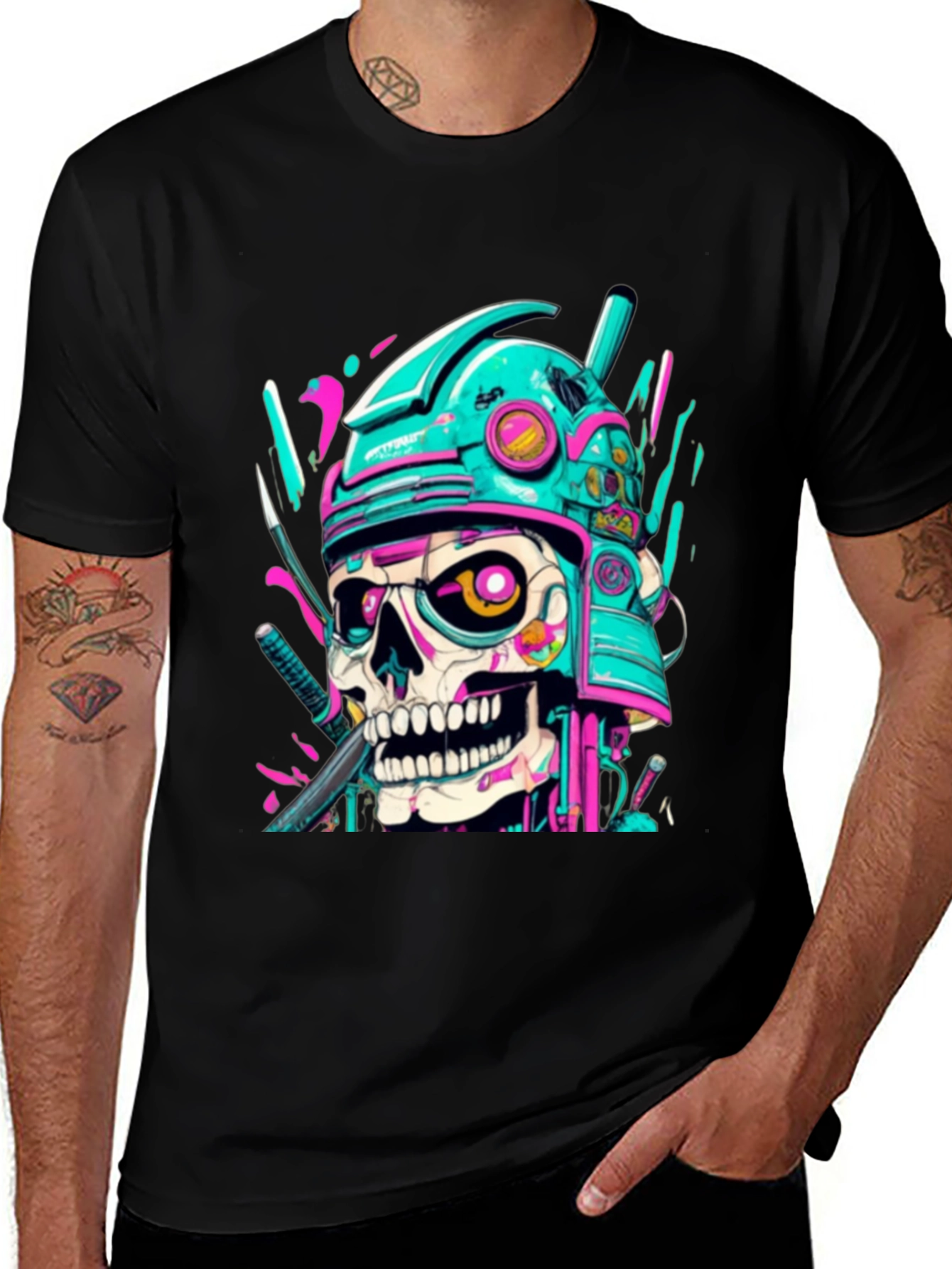 Cyberpunk Samurai Skull Graphic Tee - Edgy Fashion