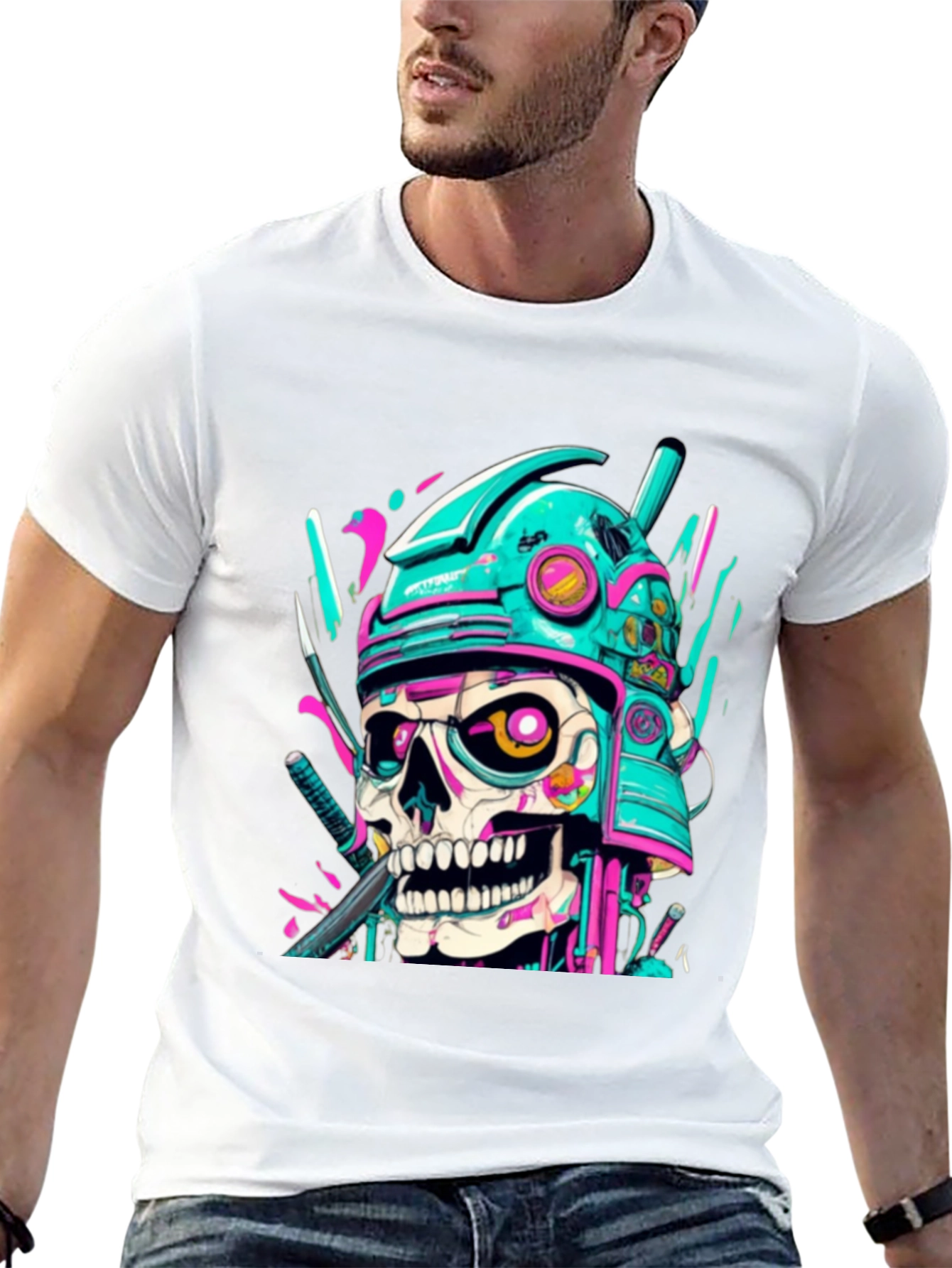 Cyberpunk Samurai Skull Graphic Tee - Edgy Fashion