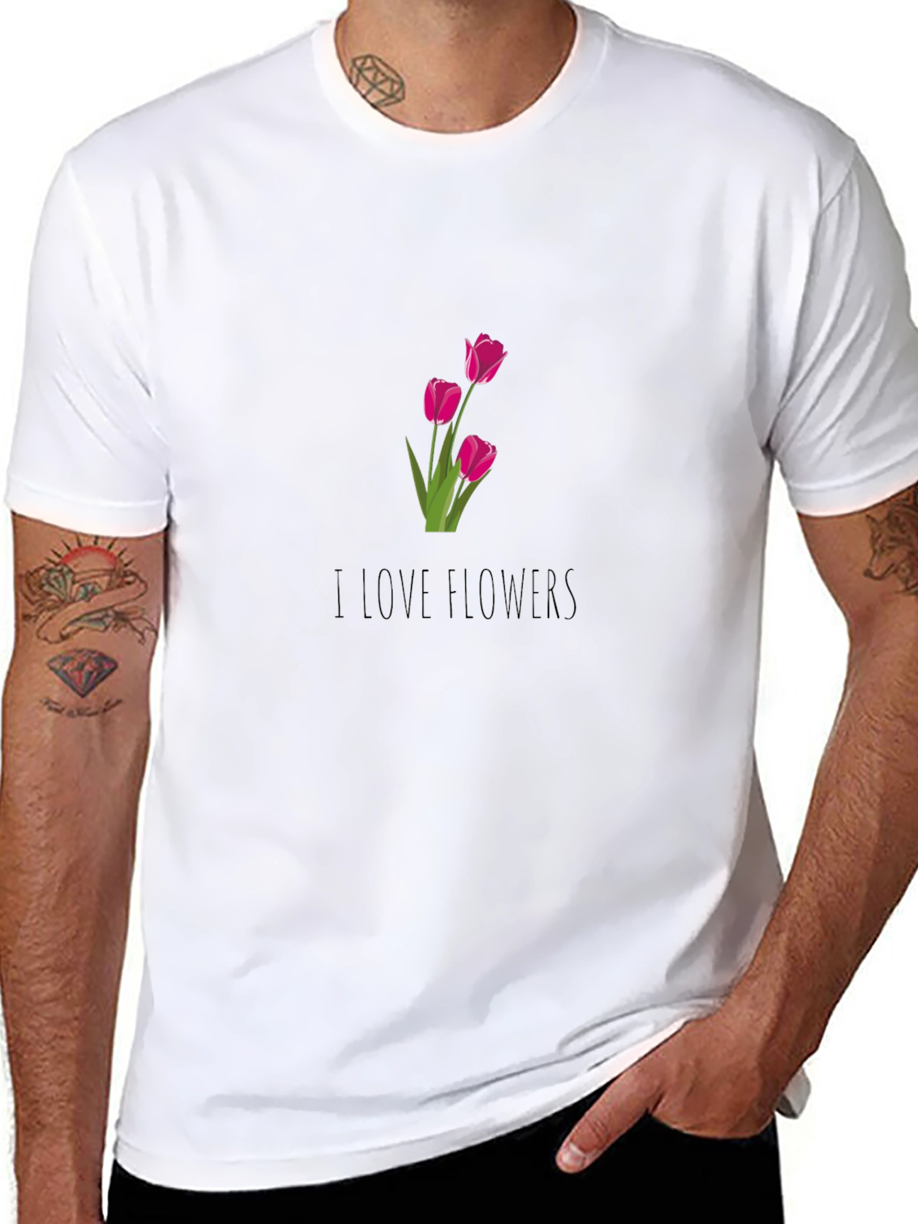 I Love Flowers Graphic Tee - Black Cotton T-Shirt
