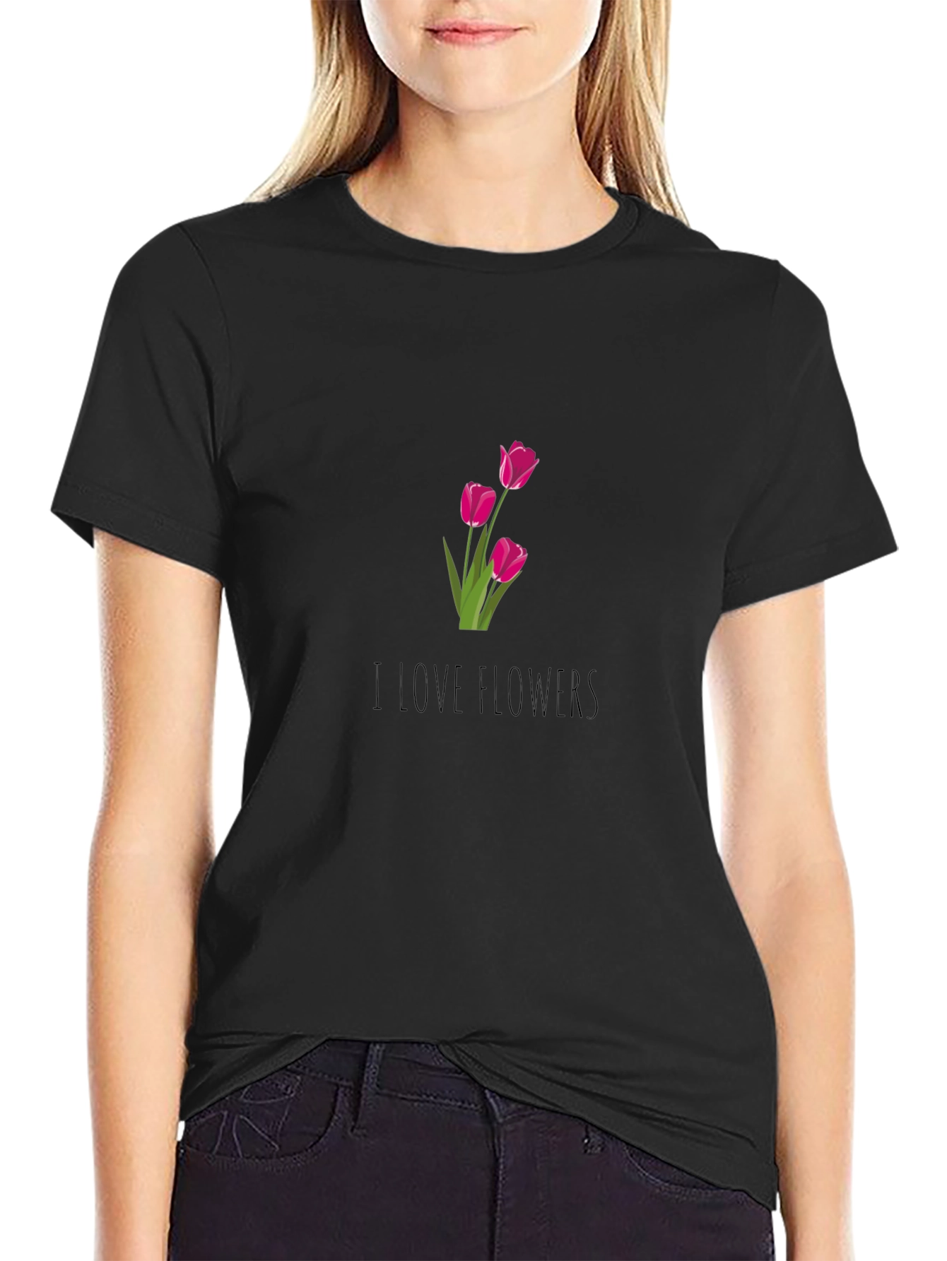 I Love Flowers Graphic Tee - Black Cotton T-Shirt