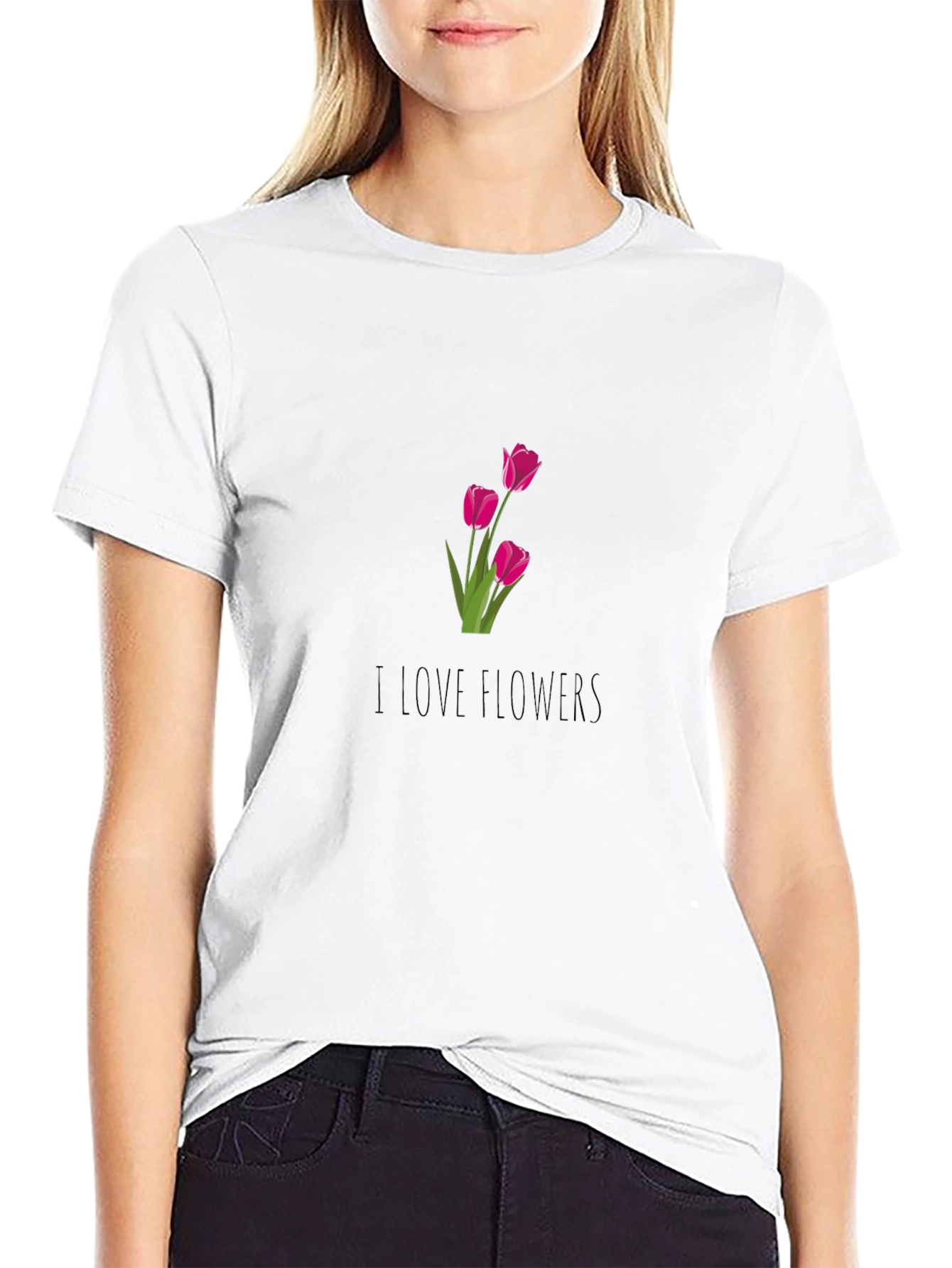 I Love Flowers Graphic Tee - Black Cotton T-Shirt