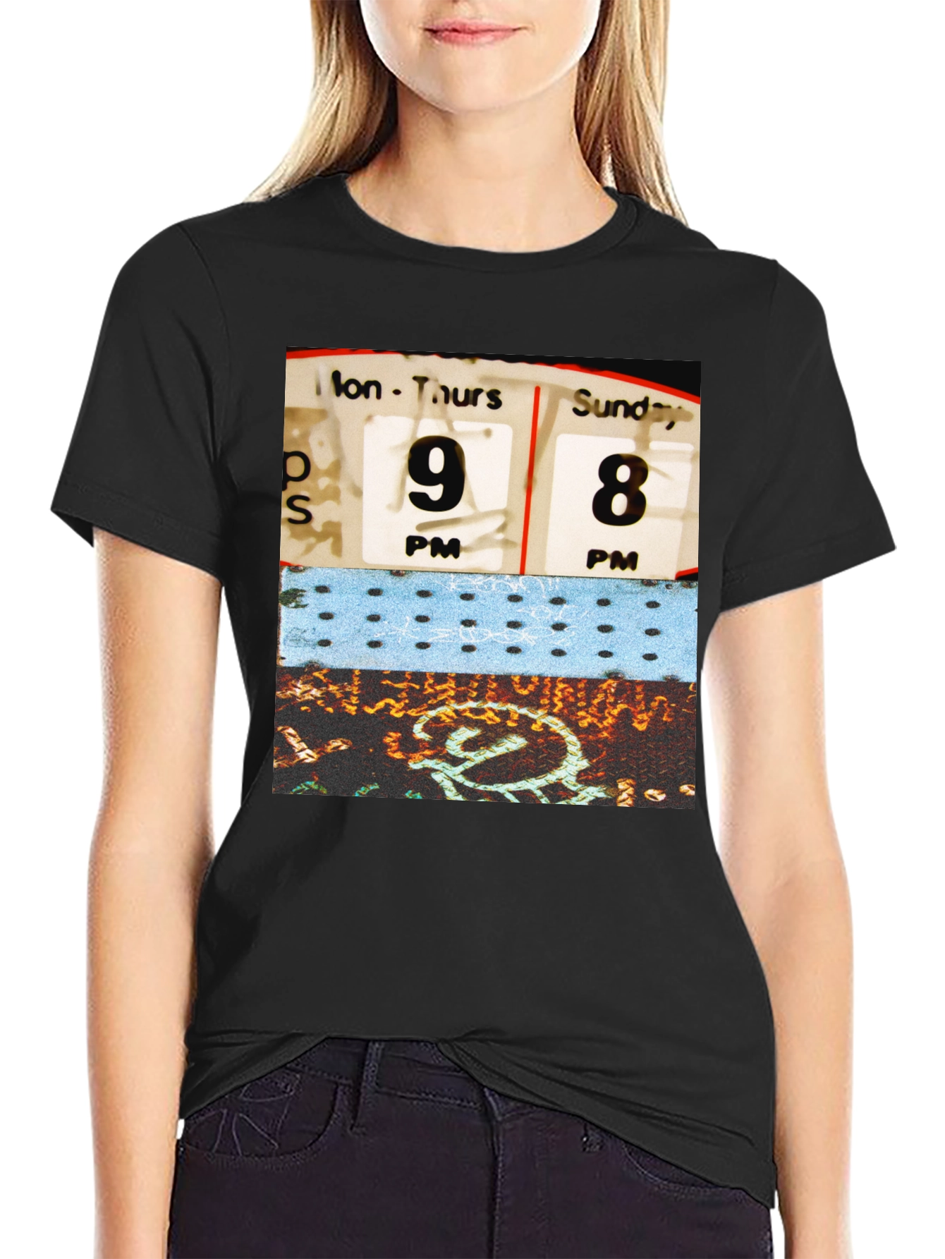 Retro Schedule Graphic Print Black T-Shirt