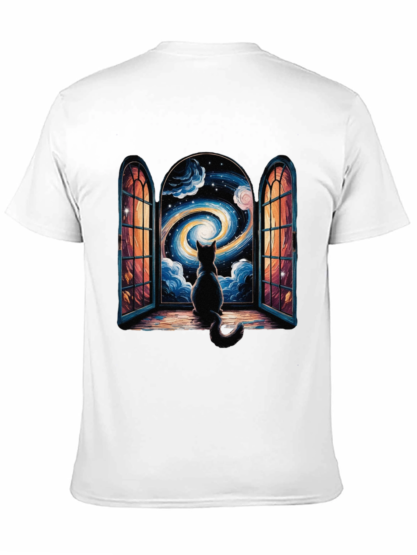 Cat Stargazing T-Shirt - Celestial Window Design
