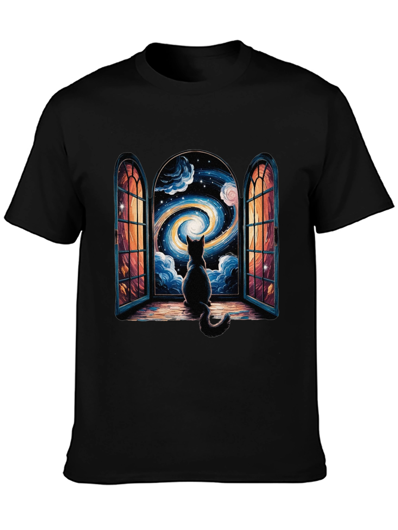 Cat Stargazing T-Shirt - Celestial Window Design