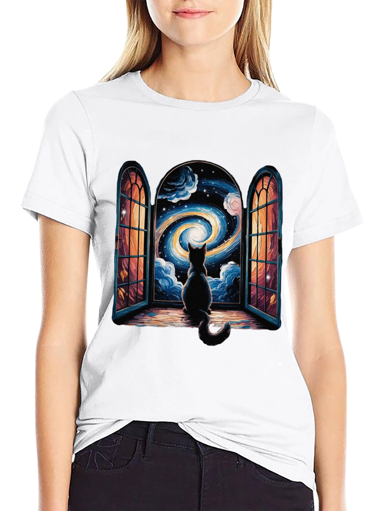 Cat Stargazing T-Shirt - Celestial Window Design