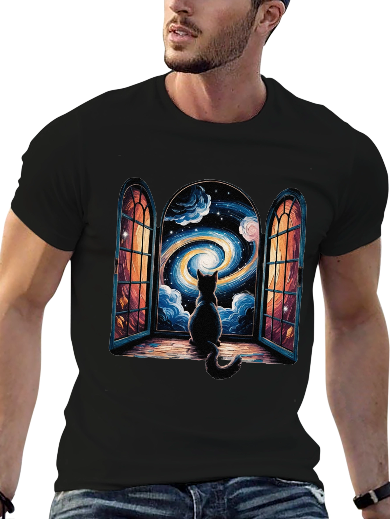 Cat Stargazing T-Shirt - Celestial Window Design
