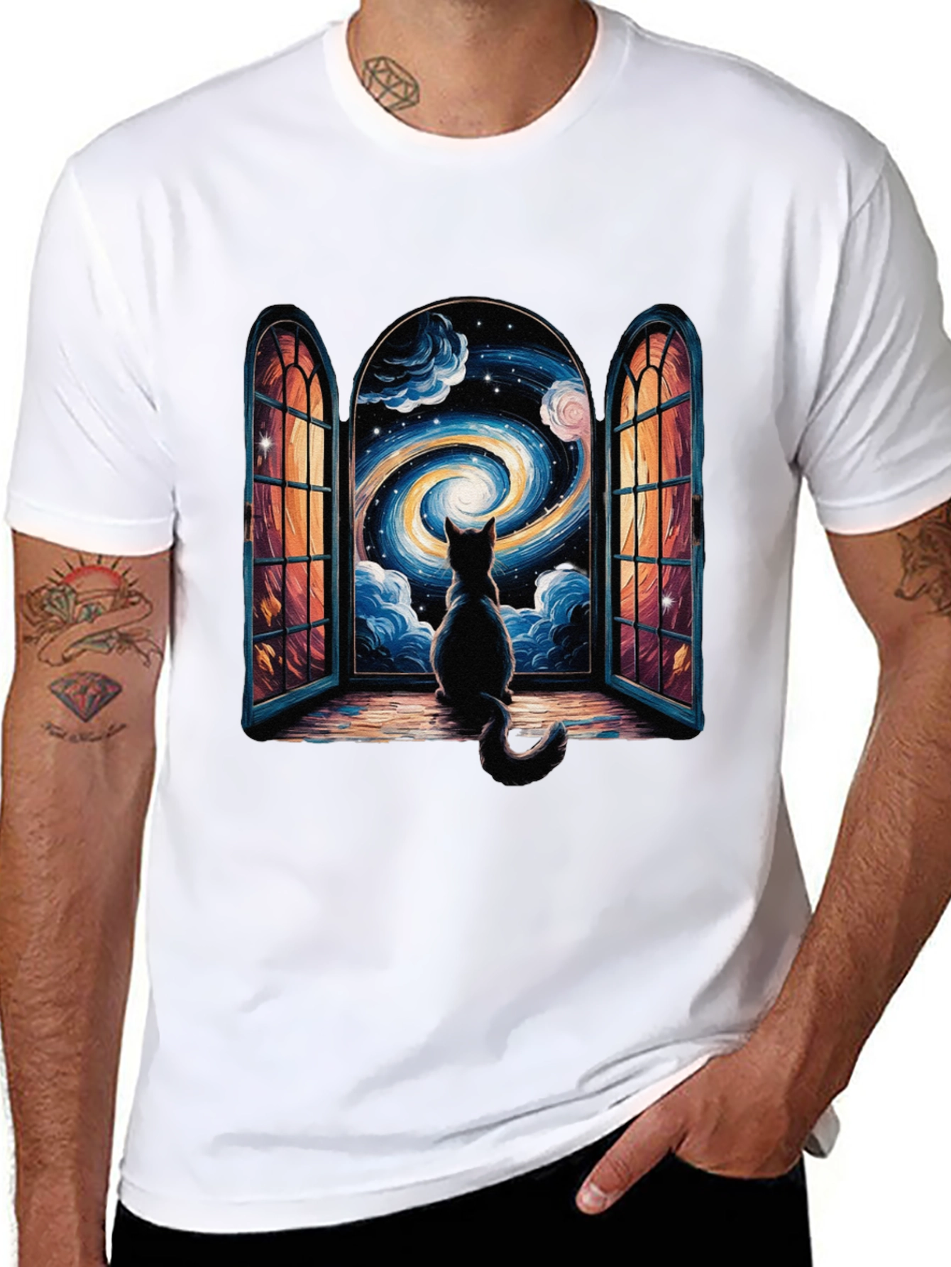 Cat Stargazing T-Shirt - Celestial Window Design