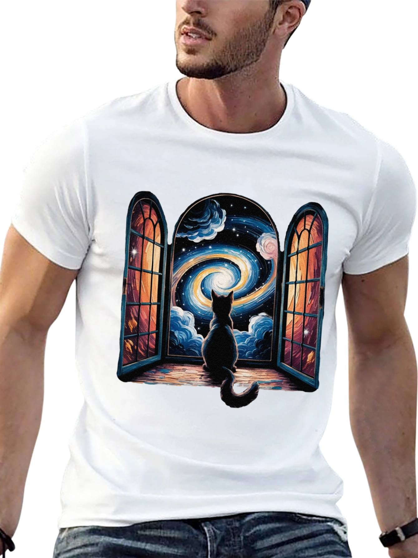 Cat Stargazing T-Shirt - Celestial Window Design