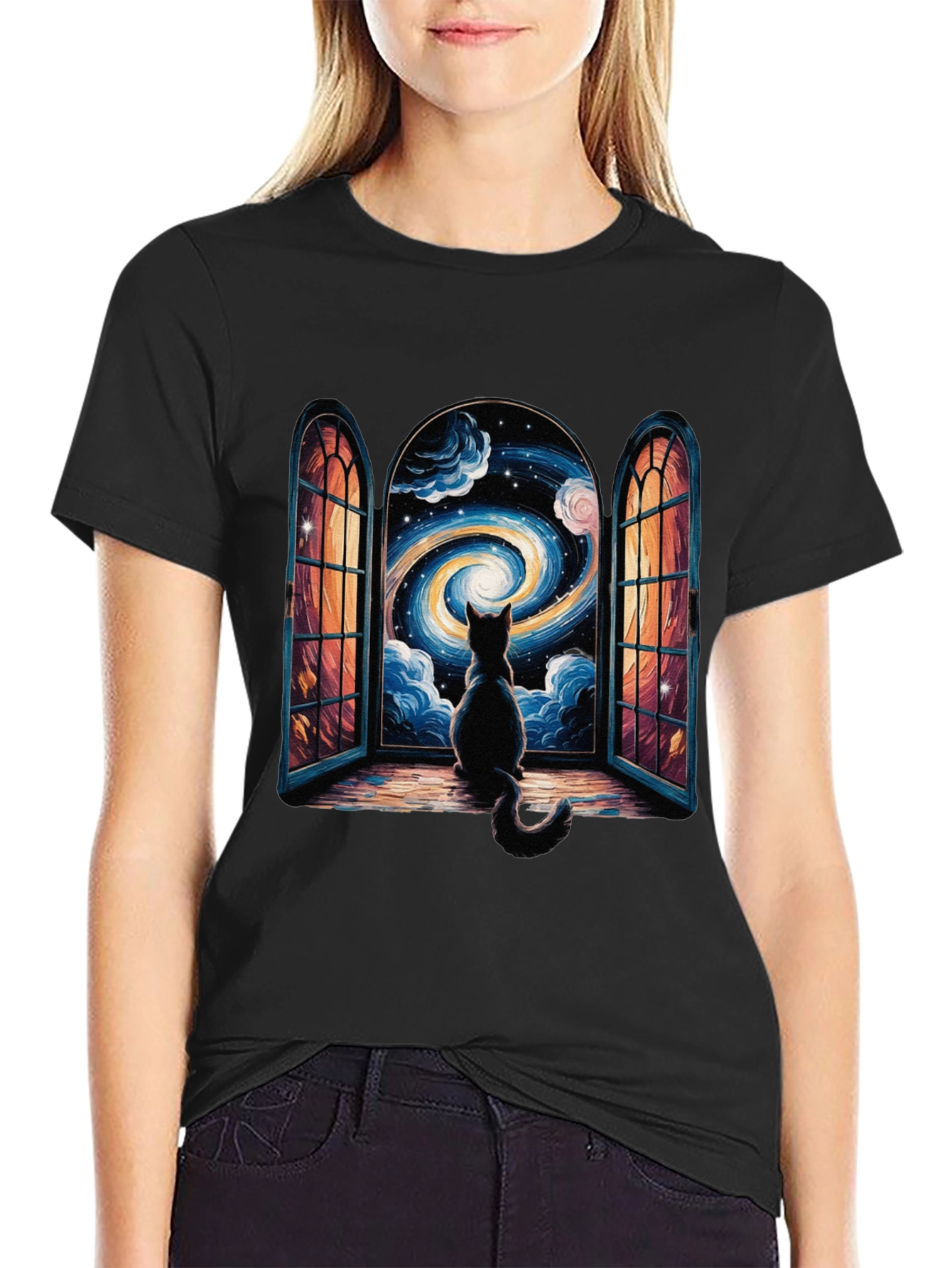Cat Stargazing T-Shirt - Celestial Window Design