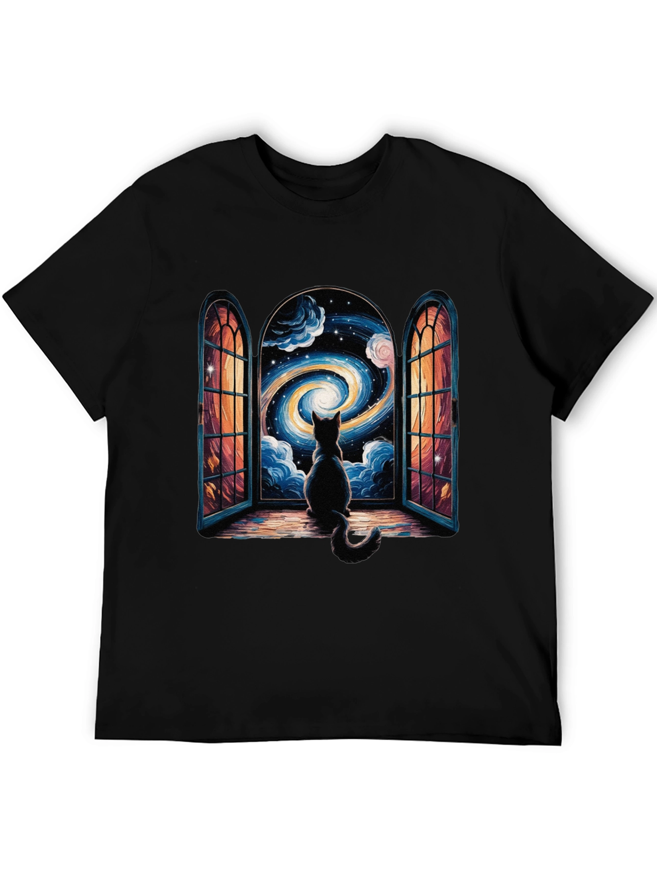 Cat Stargazing T-Shirt - Celestial Window Design