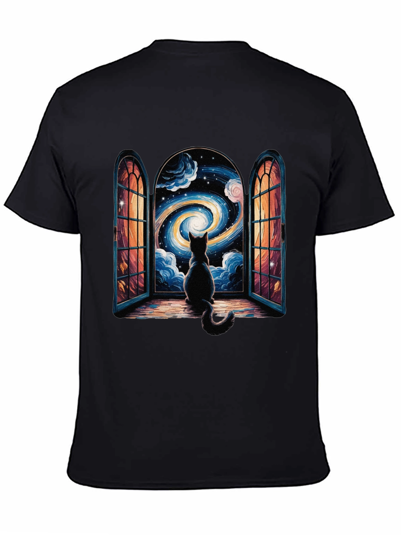 Cat Stargazing T-Shirt - Celestial Window Design