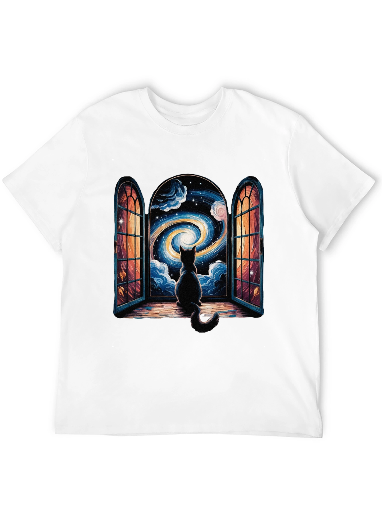 Cat Stargazing T-Shirt - Celestial Window Design