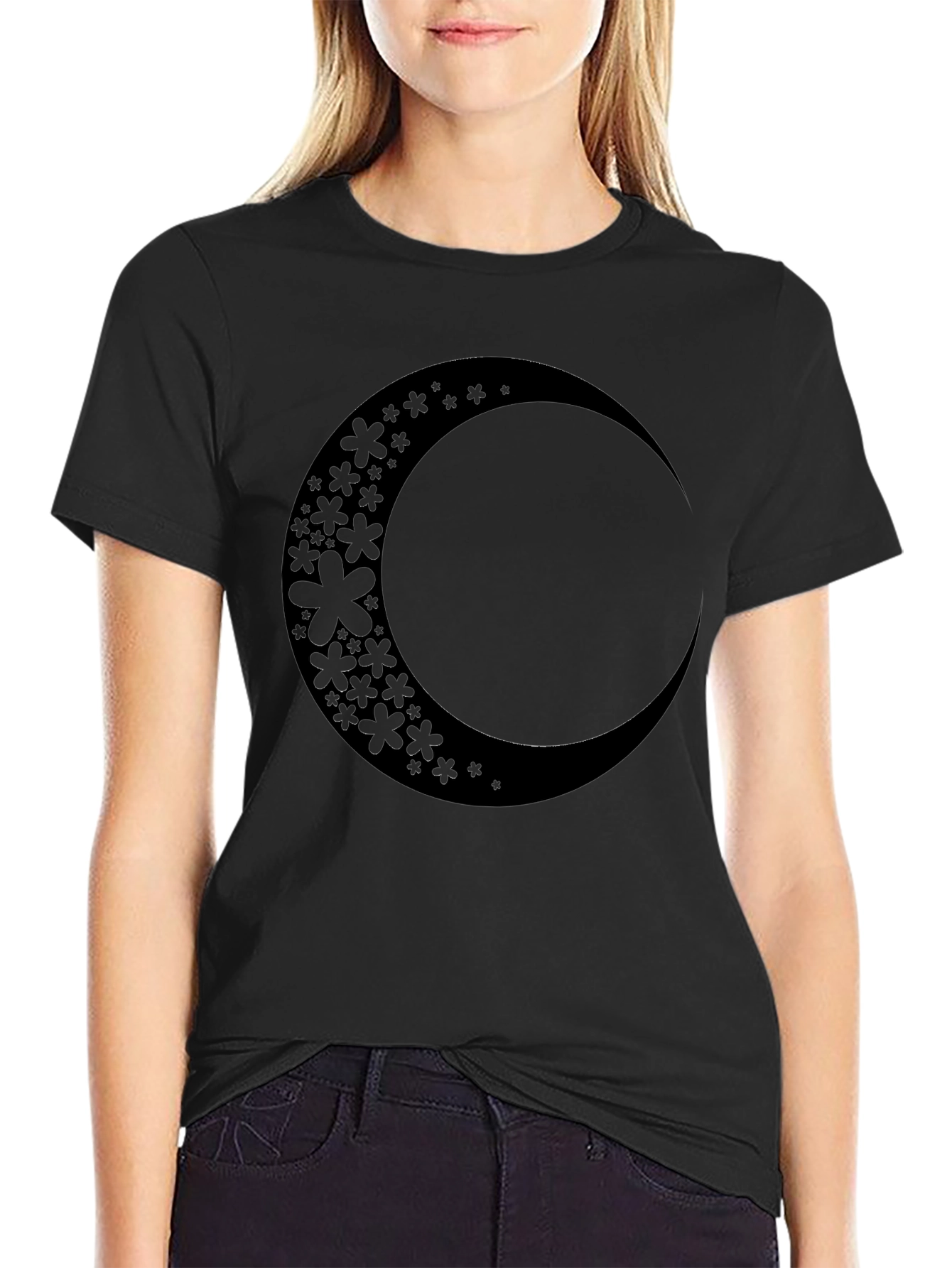 Floral Crescent Moon Black Graphic Tee