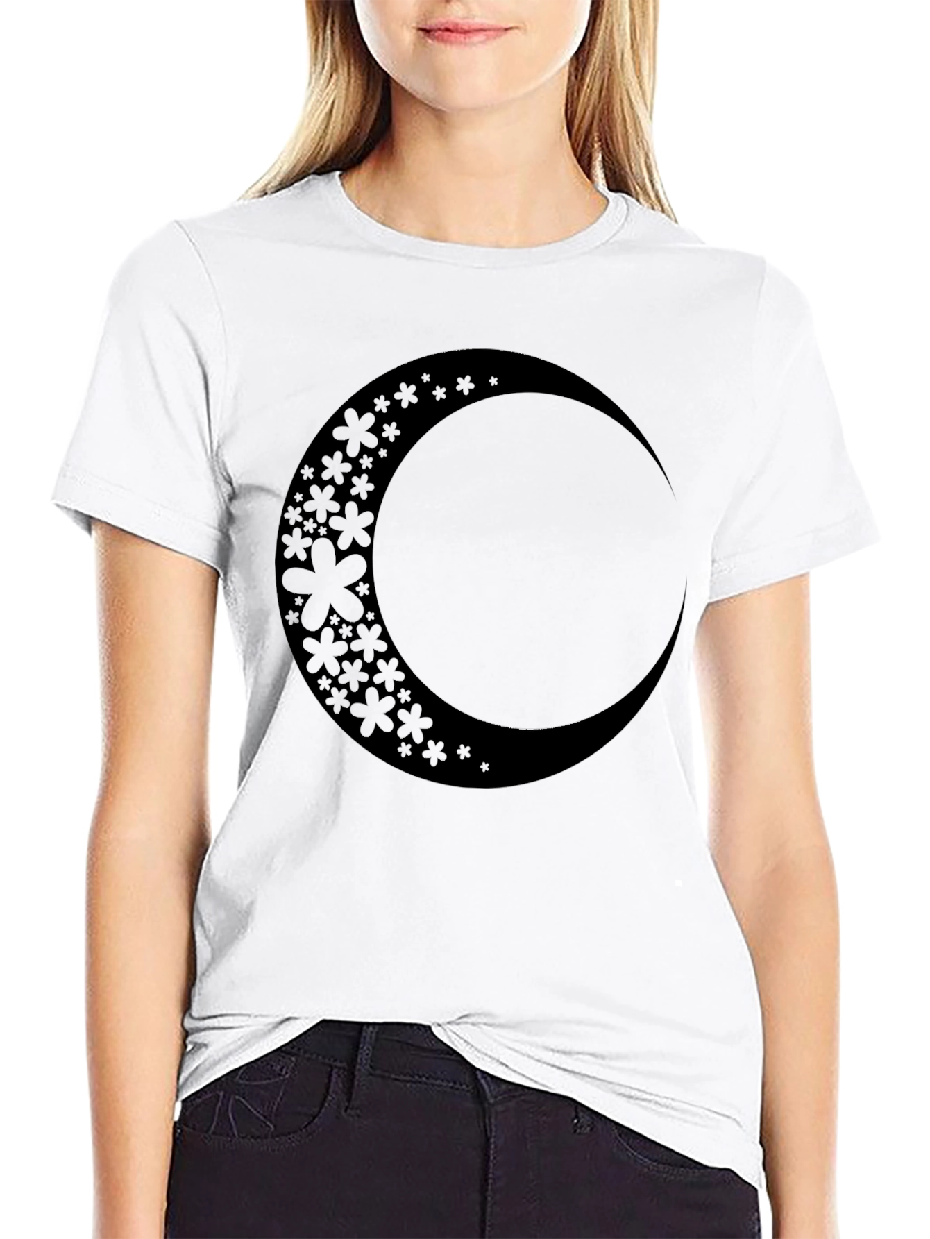 Floral Crescent Moon Black Graphic Tee