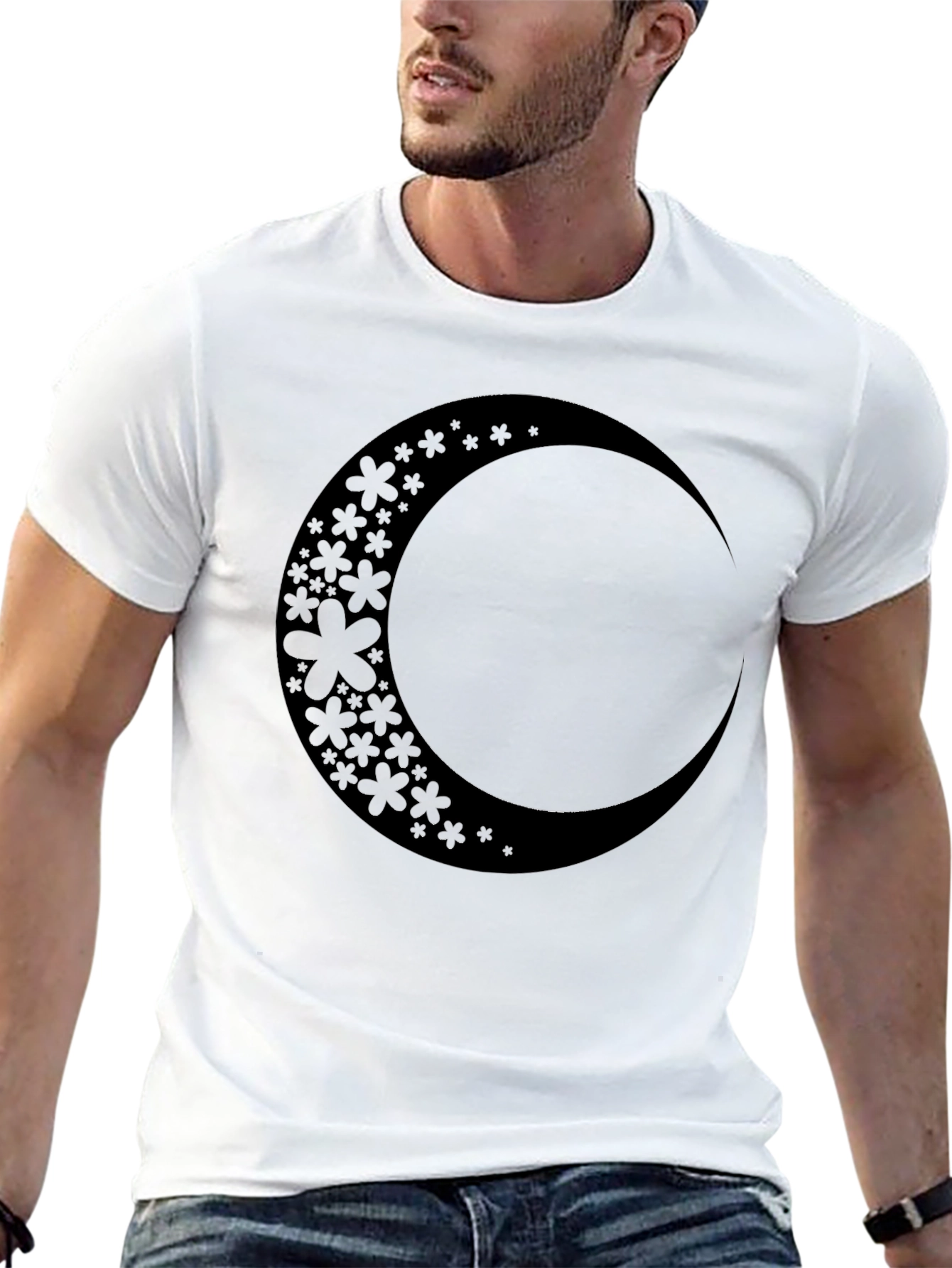 Floral Crescent Moon Black Graphic Tee