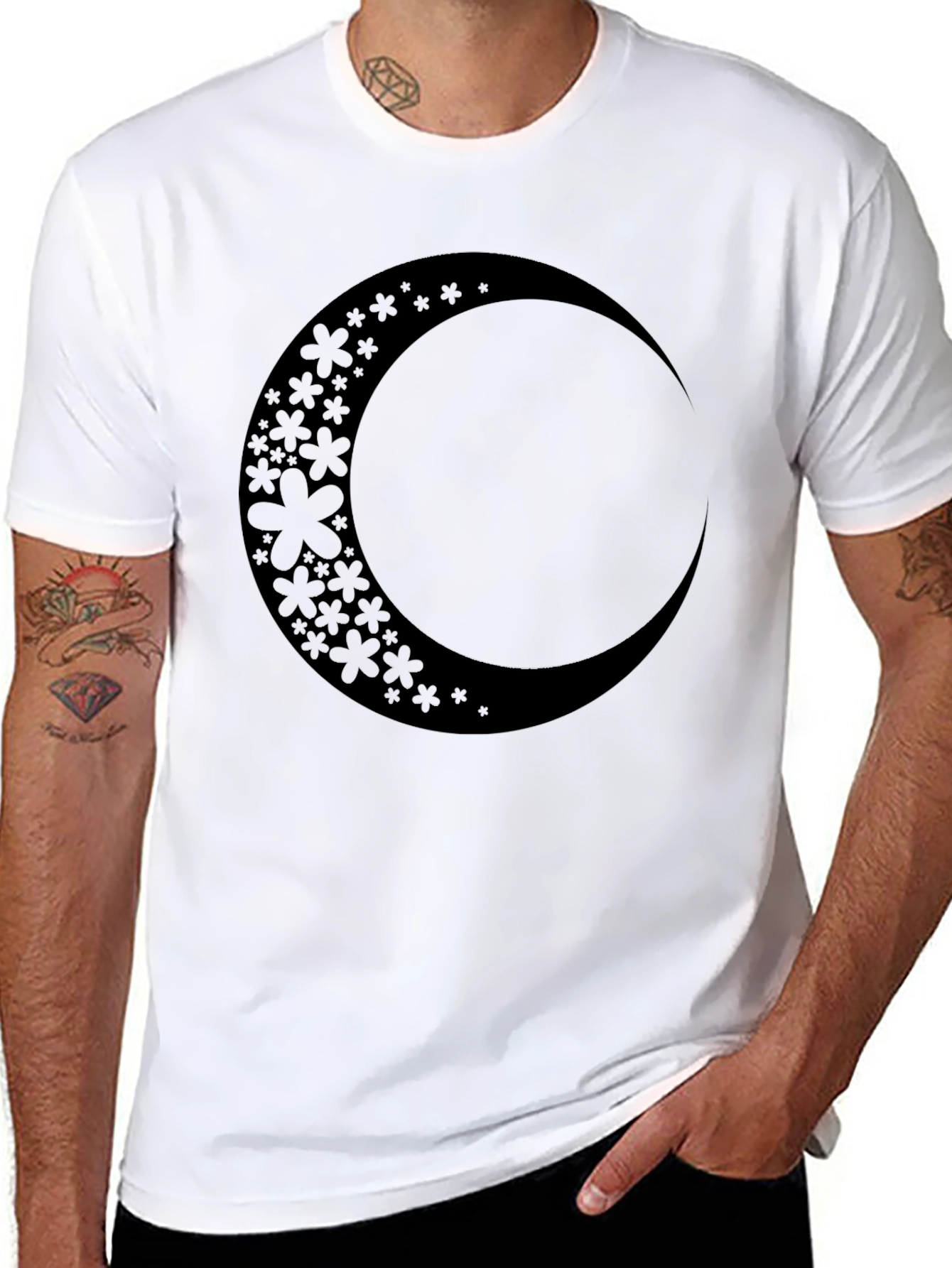 Floral Crescent Moon Black Graphic Tee