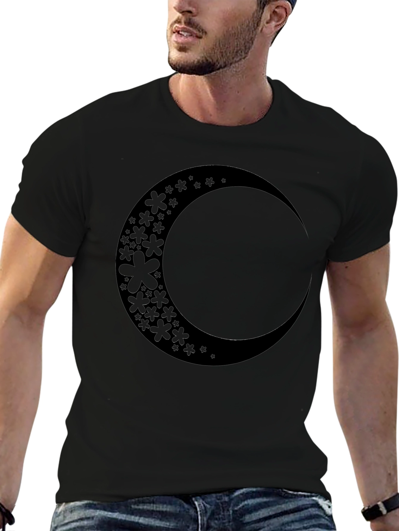 Floral Crescent Moon Black Graphic Tee