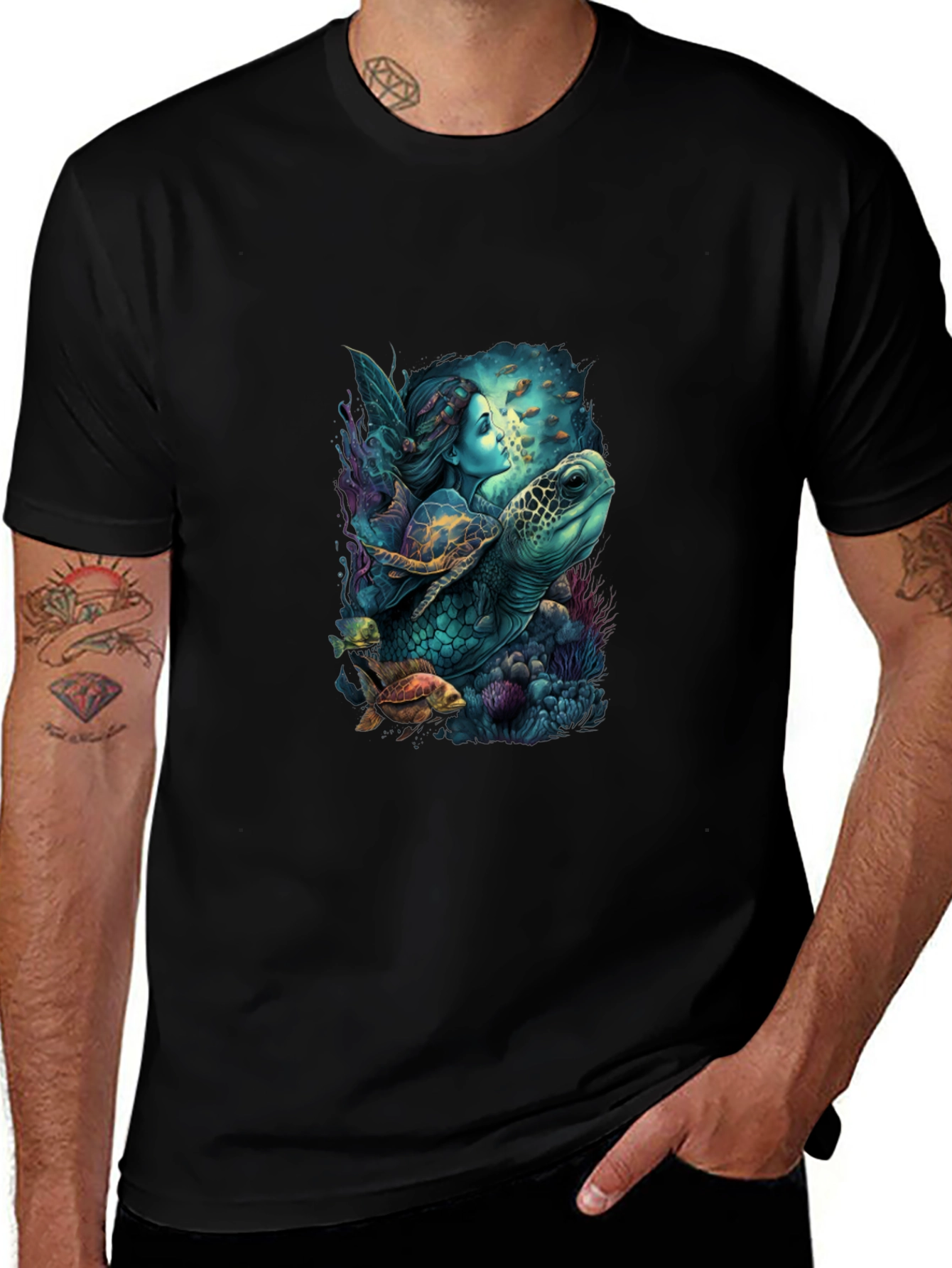 Mystical Mermaid & Turtle Graphic T-Shirt