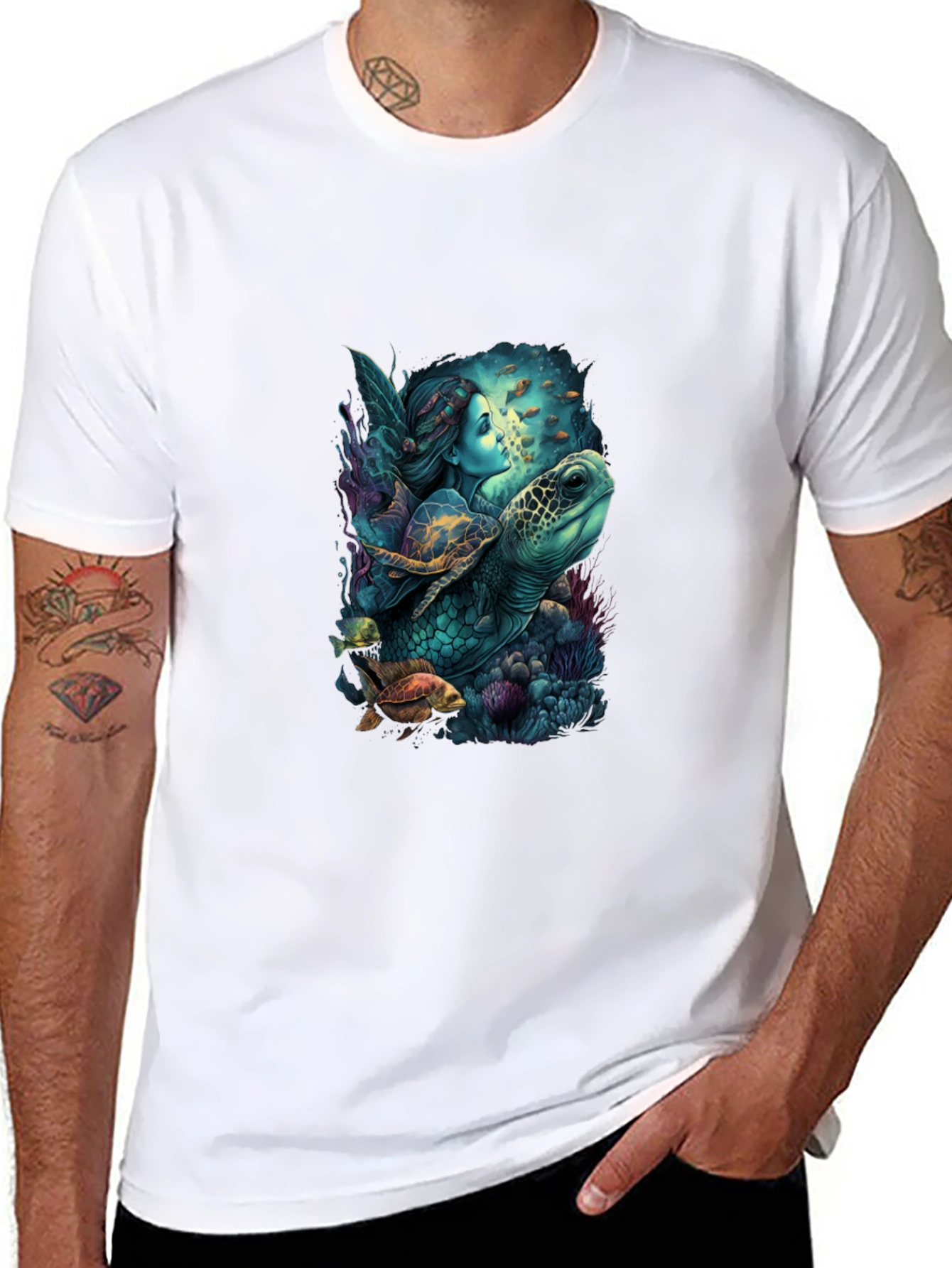 Mystical Mermaid & Turtle Graphic T-Shirt