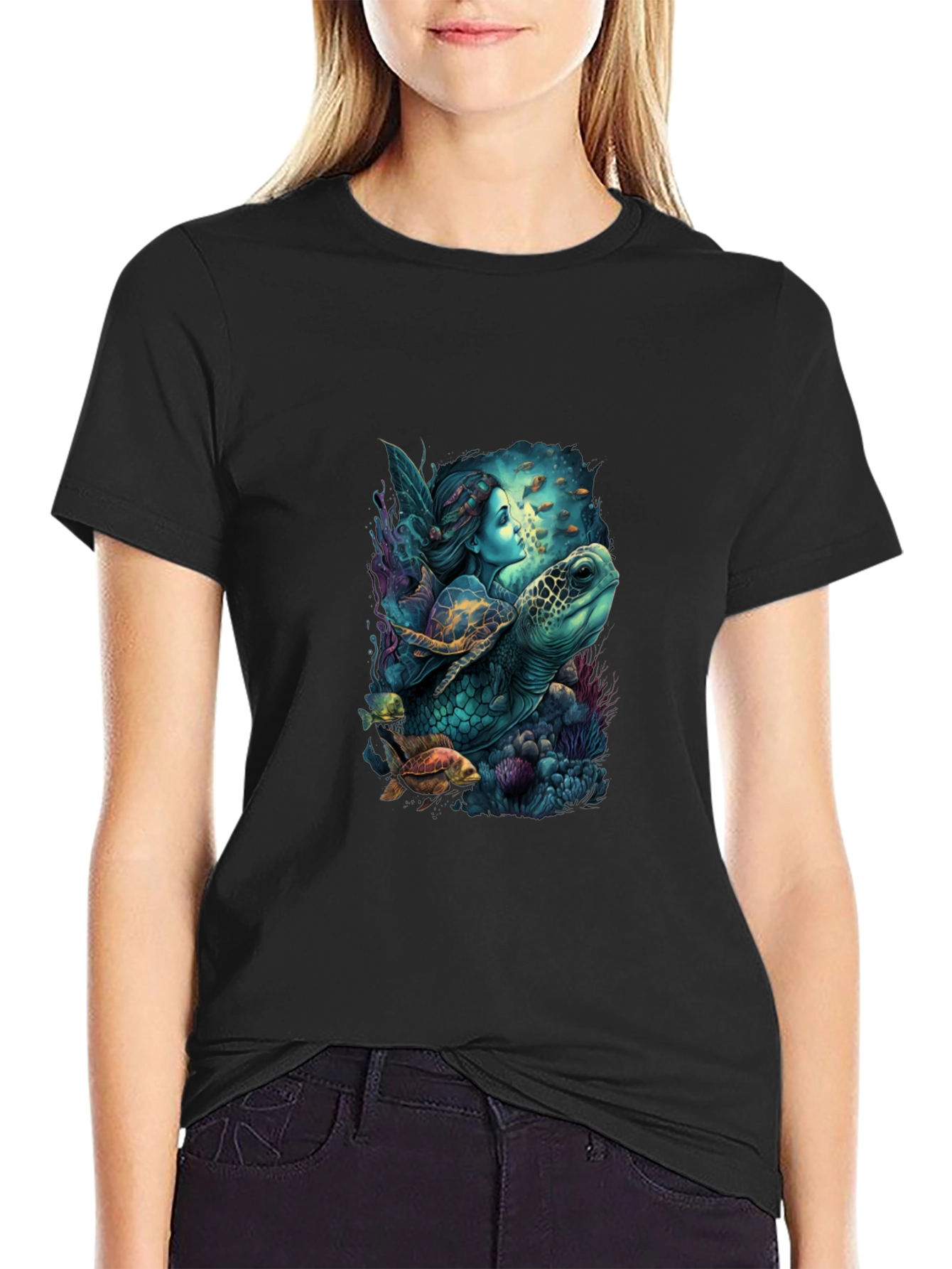 Mystical Mermaid & Turtle Graphic T-Shirt