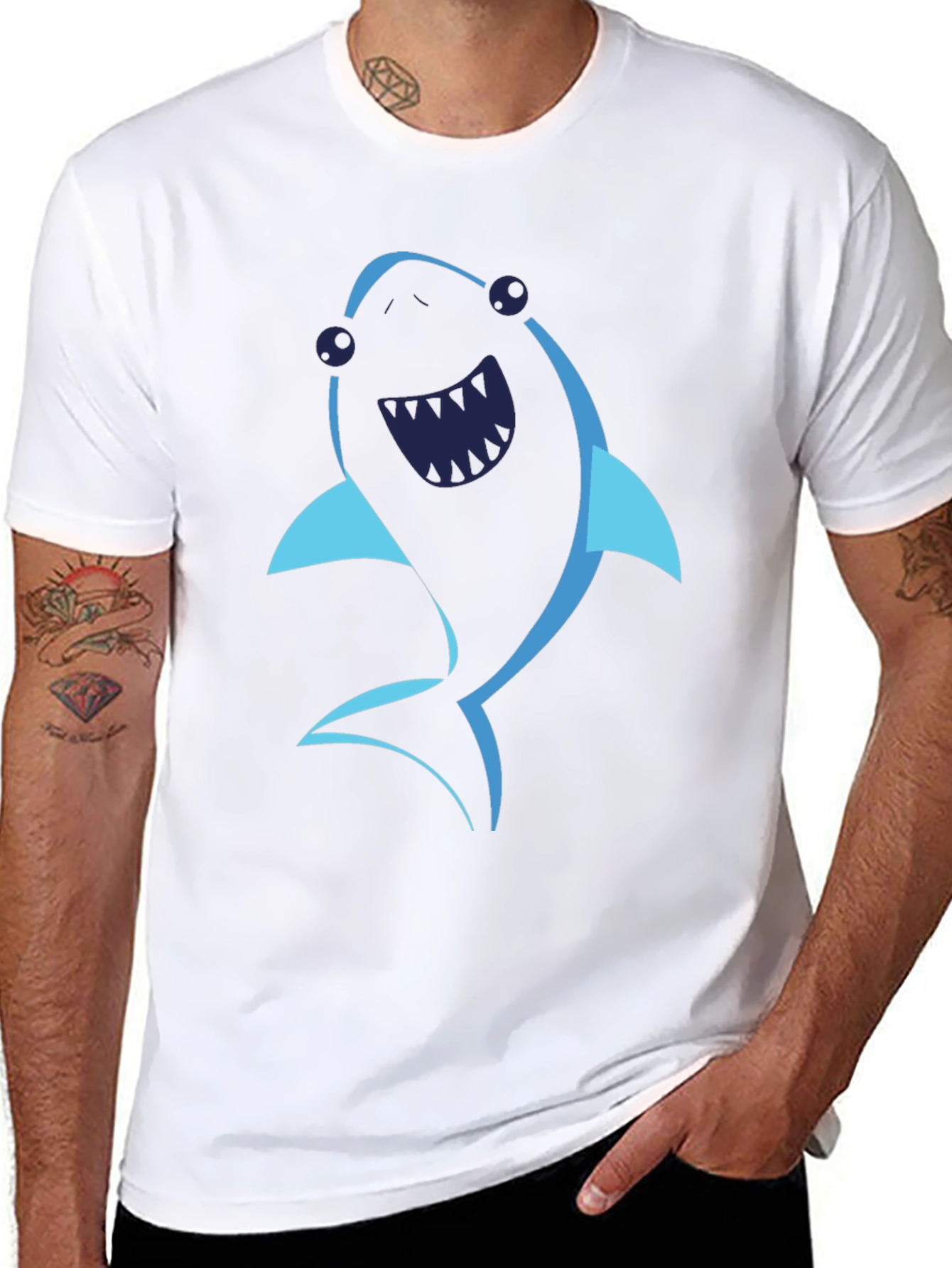 Cartoon Shark Graphic Tee - Black Cotton T-Shirt