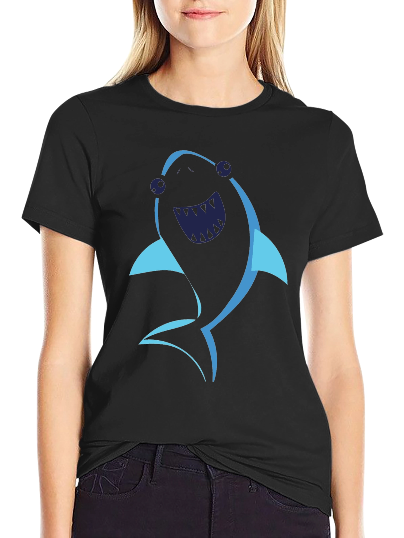 Cartoon Shark Graphic Tee - Black Cotton T-Shirt